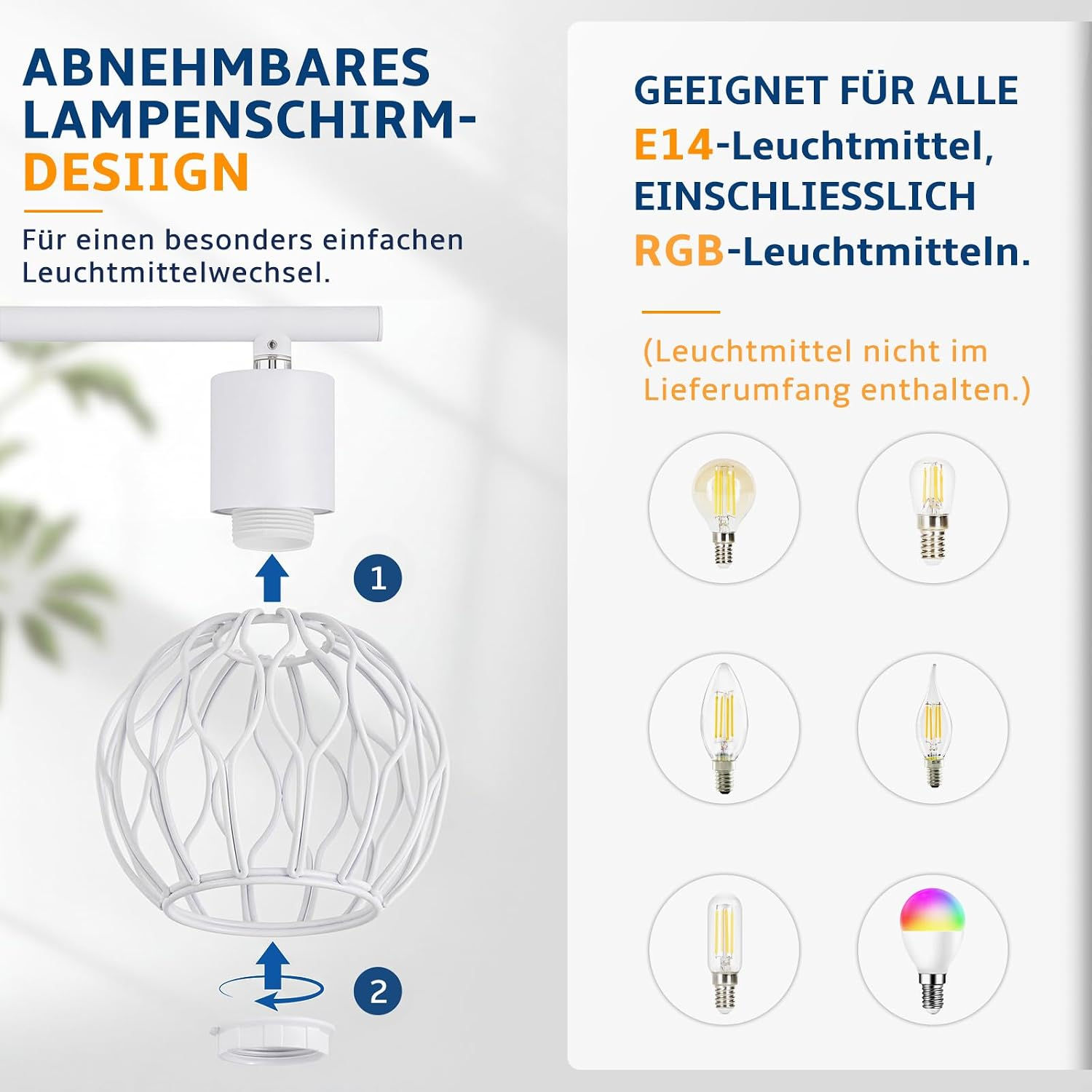 Diagramm zeigt abnehmbaren Lampenschirm für einfache Montage und Kompatibilität mit verschiedenen E14-Leuchtmitteln.