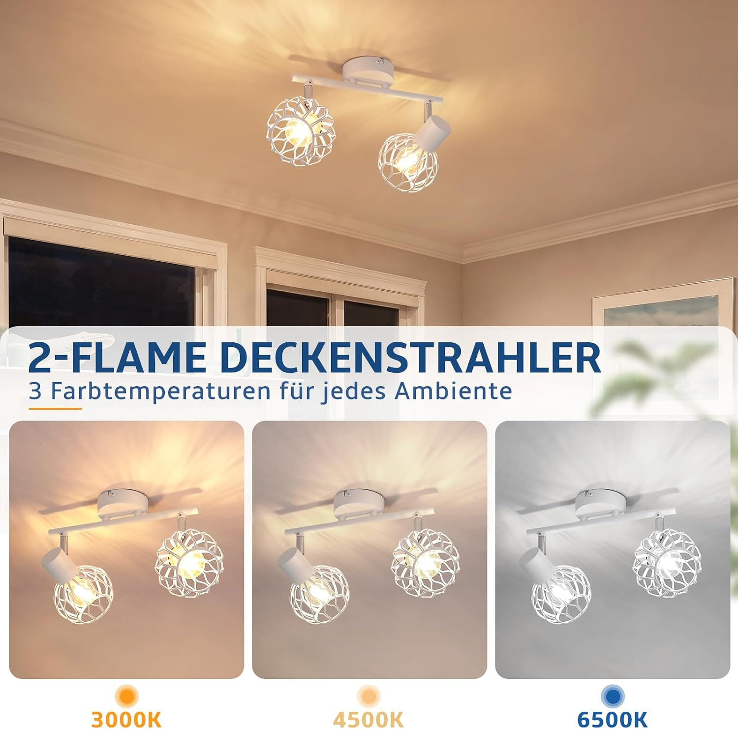Wandlampe mit verstellbaren Köpfen, drei Farbtemperaturen.