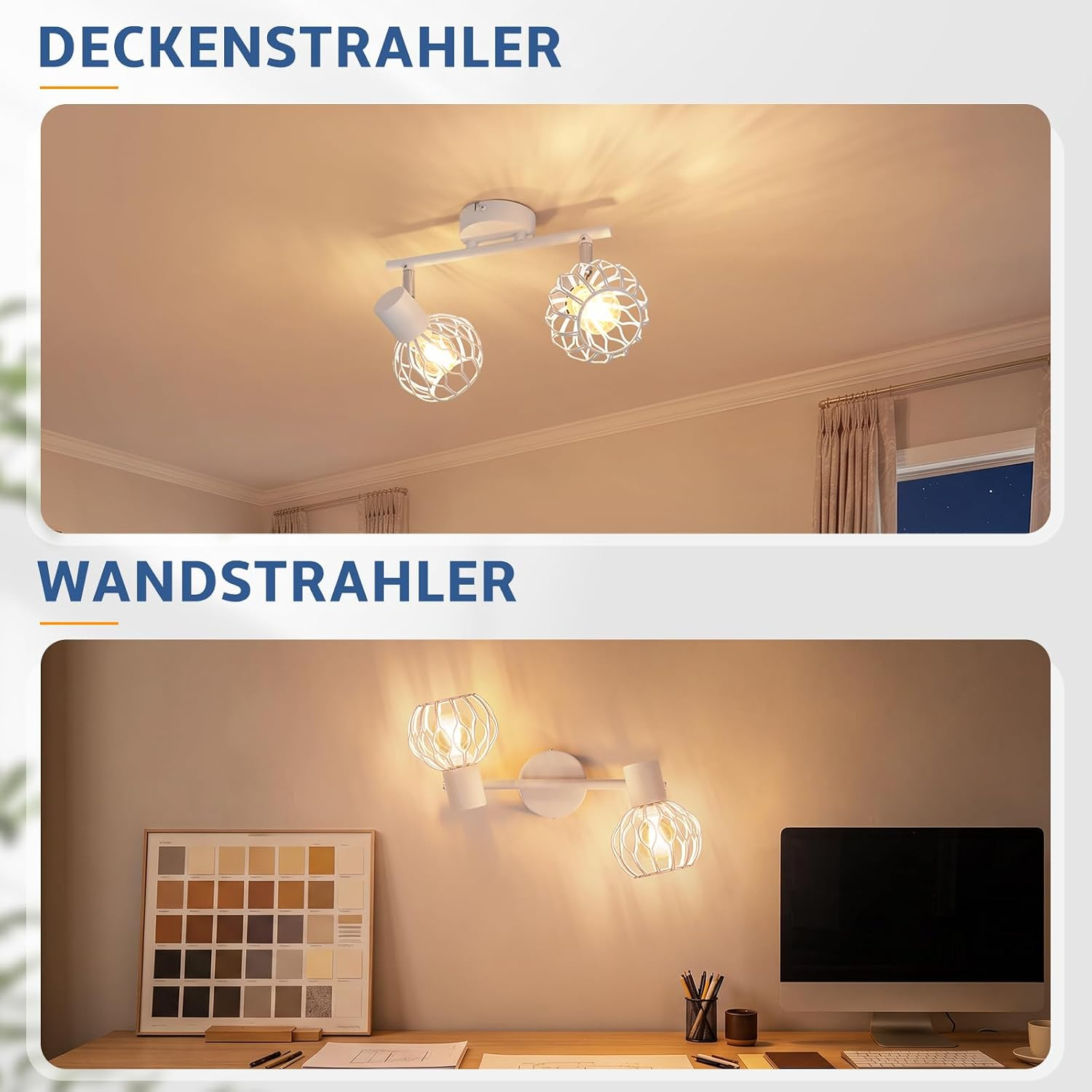 Zwei Abbildungen zeigen weiße Lampen: oben eine Deckenleuchte, unten eine Wandleuchte an einem Schreibtisch.