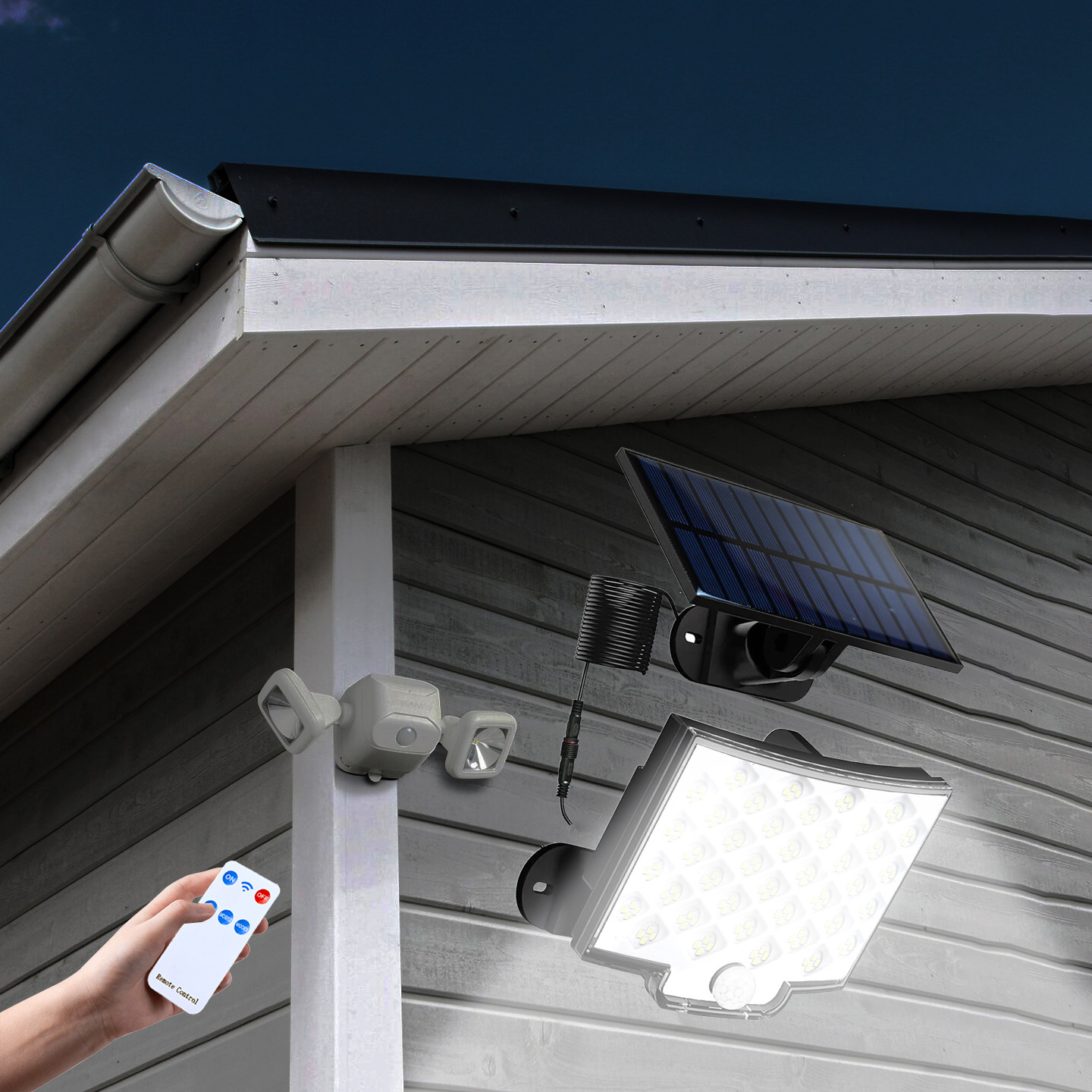 Solar-LED-Flutlicht und Solarmodul an einer Wand, bedient mit einer Fernbedienung.