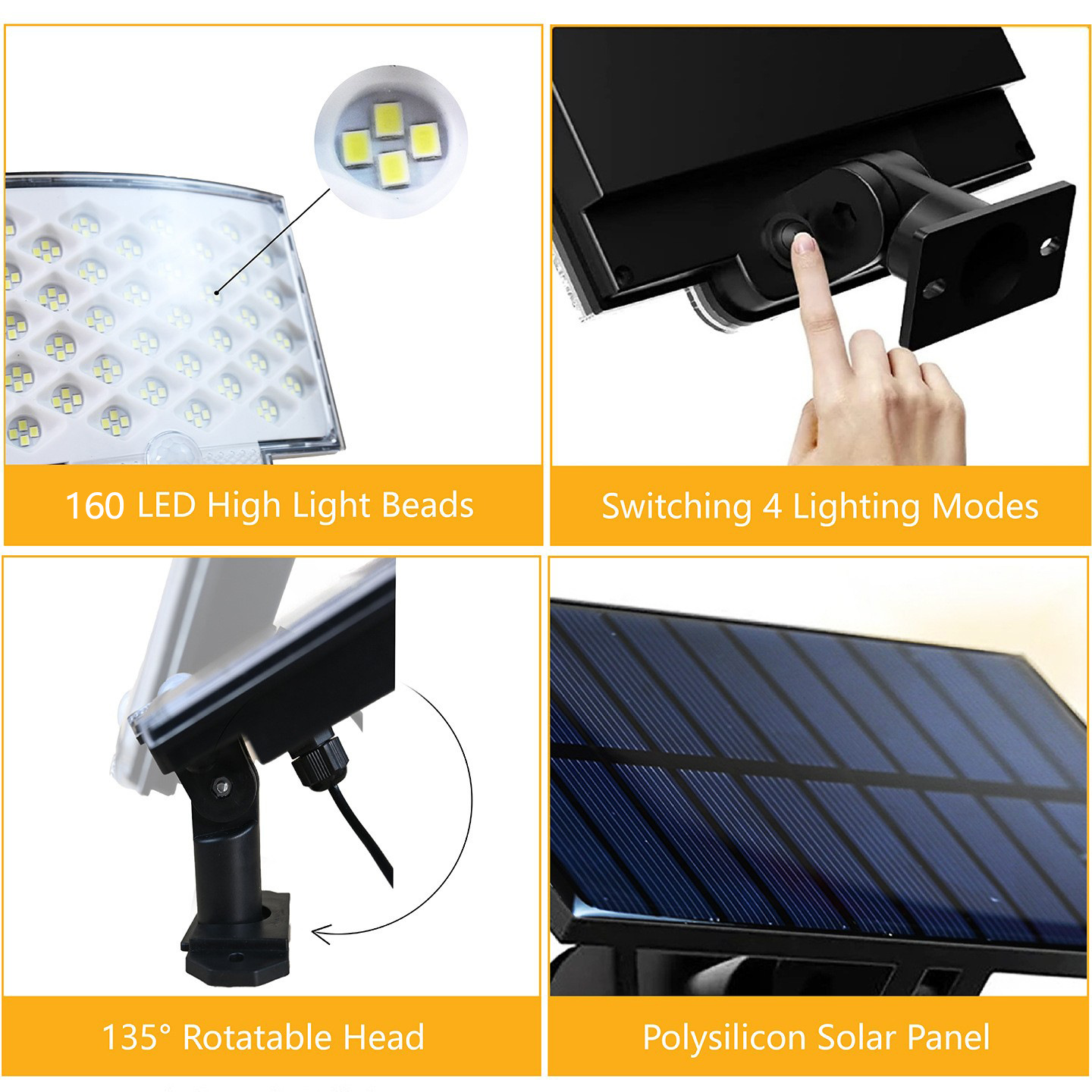 Vier Bilder zeigen LED-Solarleuchten-Funktionen: LEDs, Schaltmodus, drehbarer Kopf und Solarmodul.