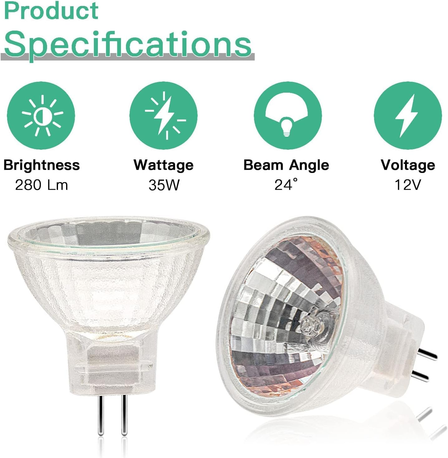Produktspezifikationen zeigen Helligkeit 280 Lm, Watt 35W, Abstrahlwinkel 24 Grad, Spannung 12V für Halogenlampen.