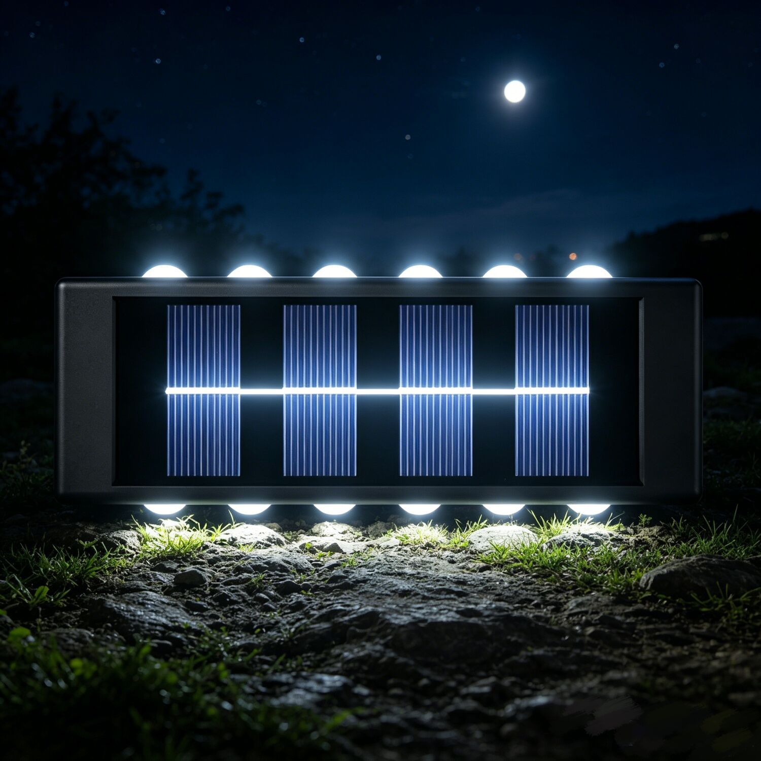 Solarleuchte mit blauen Paneelen und weißen Lichtern steht nachts auf dem Boden.