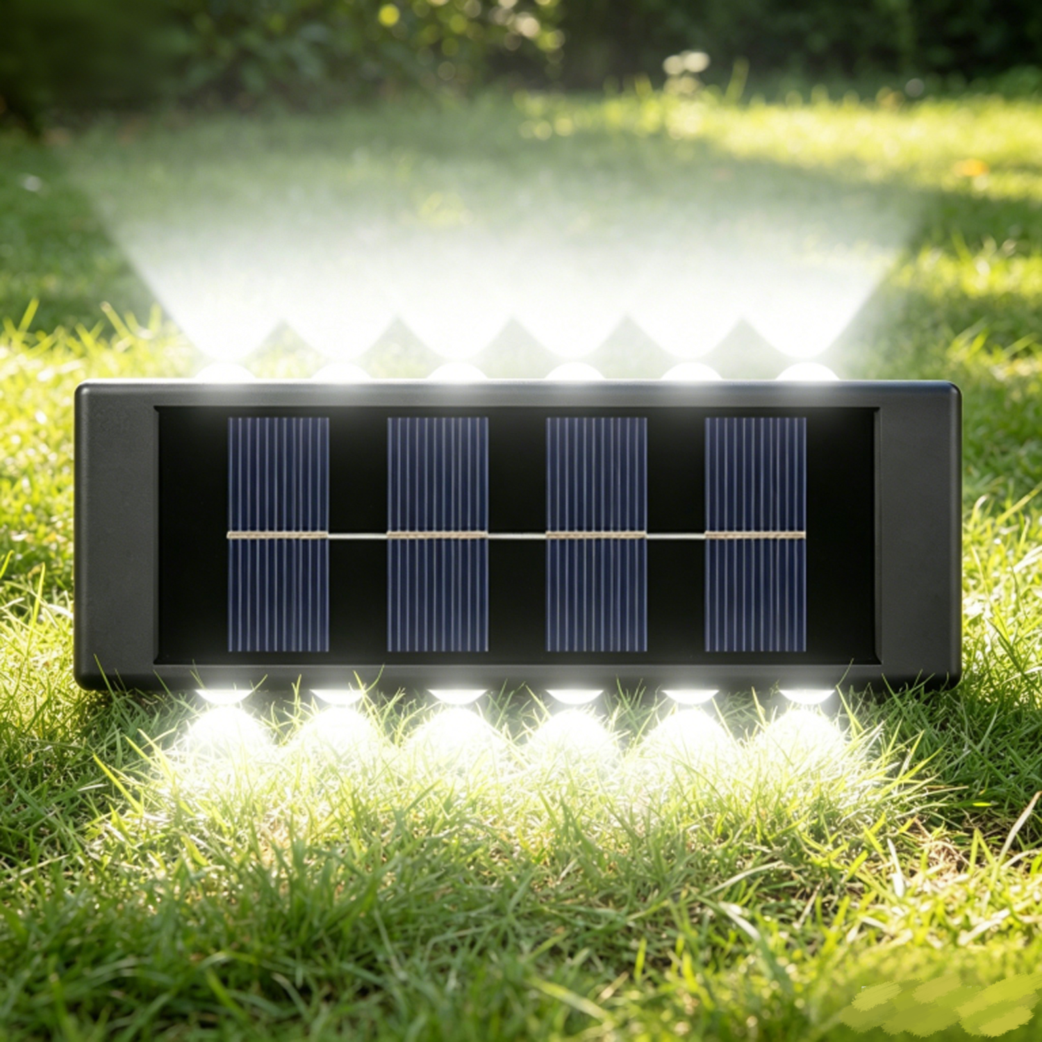 Eine schwarze Solarlampe mit vier Solarzellen leuchtet auf grünem Rasen nach oben und unten.