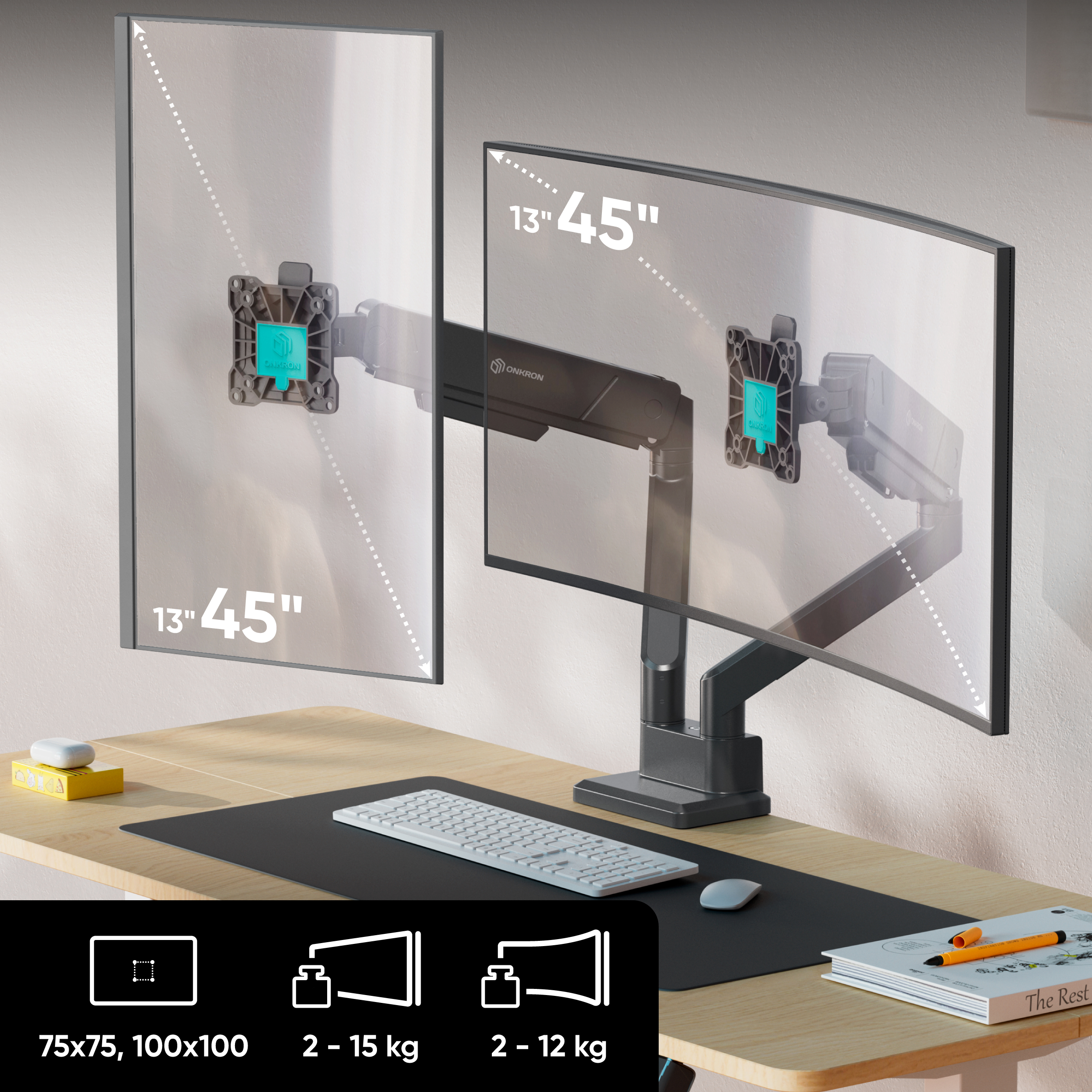 Doppel-Monitorarm auf einem Holztisch mit zwei Bildschirmumrissen und Gewichtsangaben.