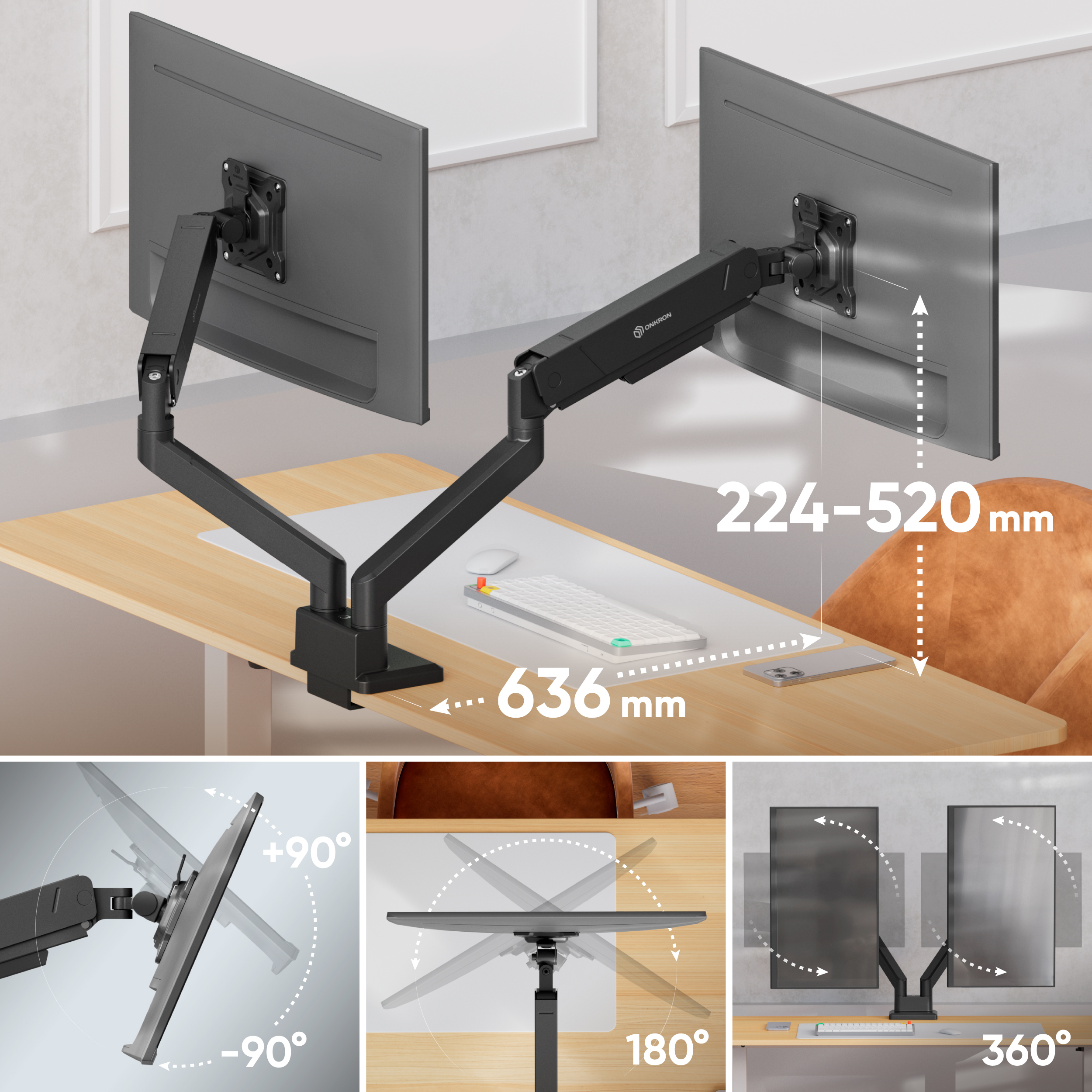 Dualer Monitorarm auf einem Holztisch mit Abmessungen und Neigungswinkel-Grafiken.