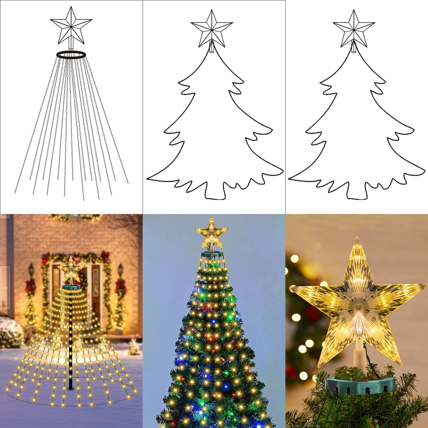 Diagramme und Fotos zeigen eine leuchtende Weihnachtsbaum-Lichterkette mit einem großen Stern an der Spitze.