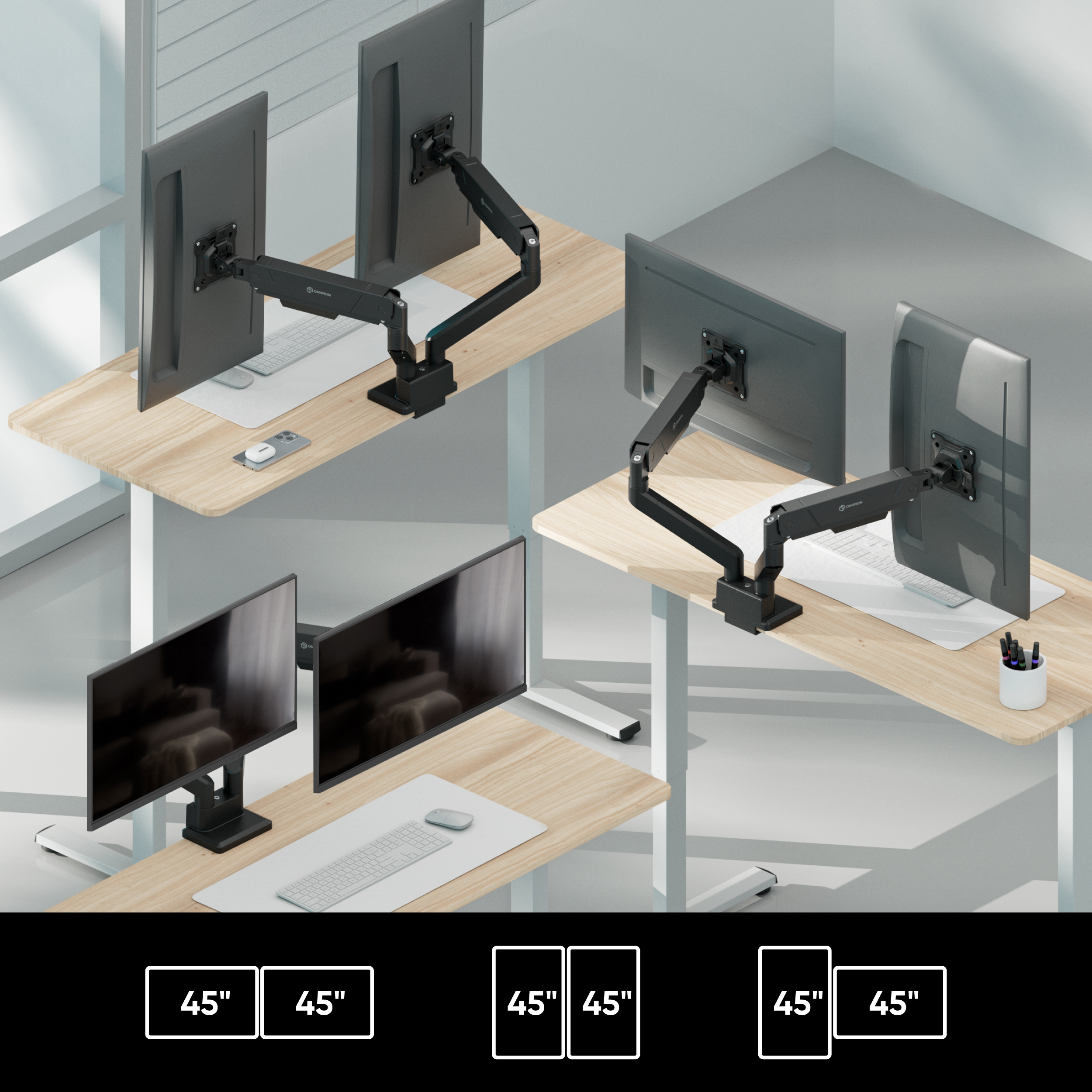 Drei Holztische mit höhenverstellbaren Monitorarmen für jeweils zwei Monitore und Tastaturen in einem hellen Raum.