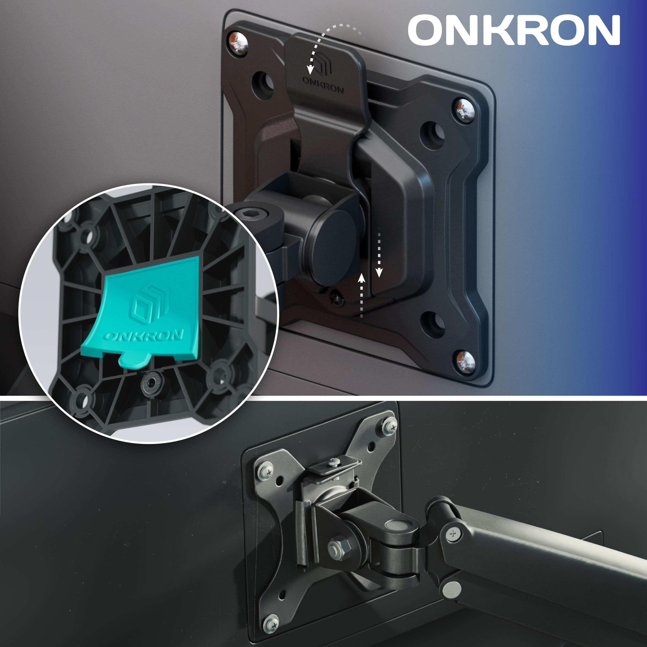 Aufbauanleitung für Onkron Monitorhalterung mit Detailansicht der Verriegelung.