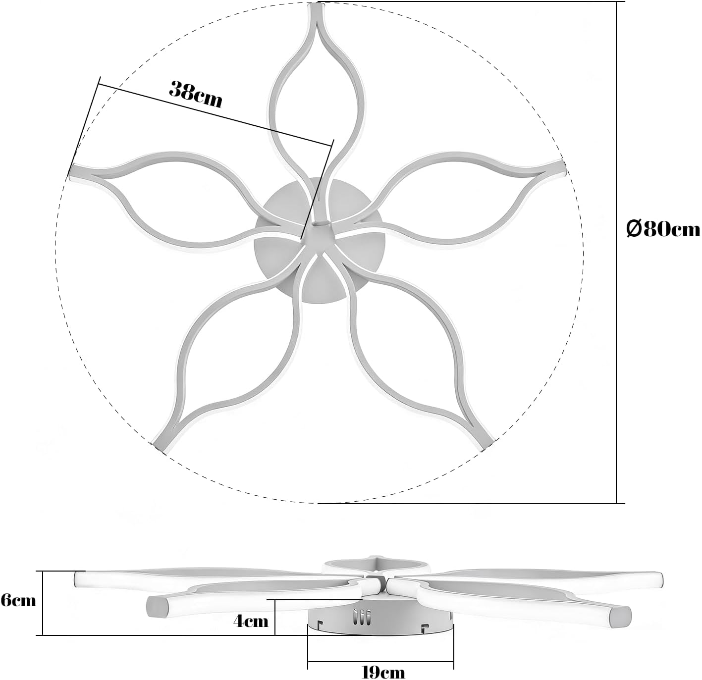 Diagramm einer blumenförmigen LED-Deckenleuchte mit Maßen in cm.