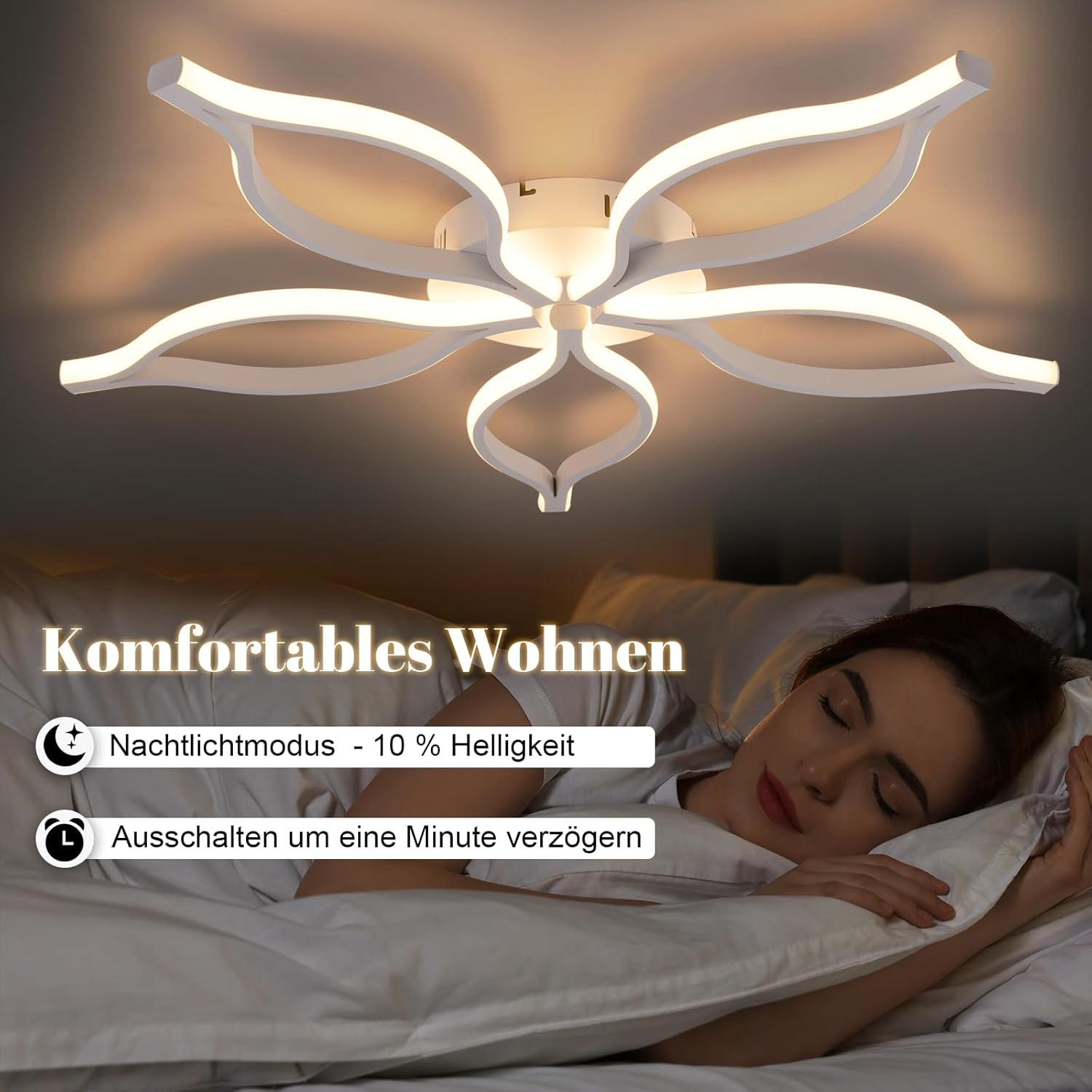 Moderne weiße Deckenlampe in Blumenform in einem Schlafzimmer mit einer schlafenden Frau.