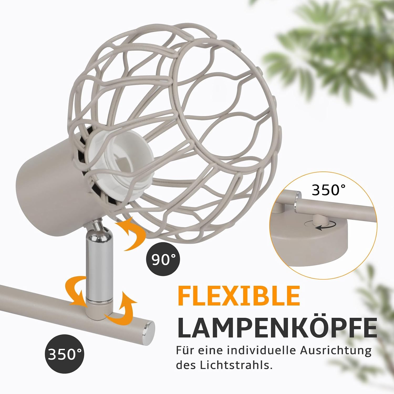 Grauer Metall-Strahler mit Drahtkäfig-Schirm und Bewegungspfeilen.