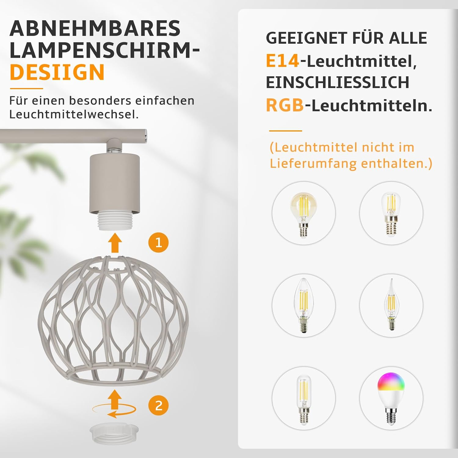 Infografik zeigt abnehmbaren Lampenschirm und kompatible E14-Leuchtmittel.