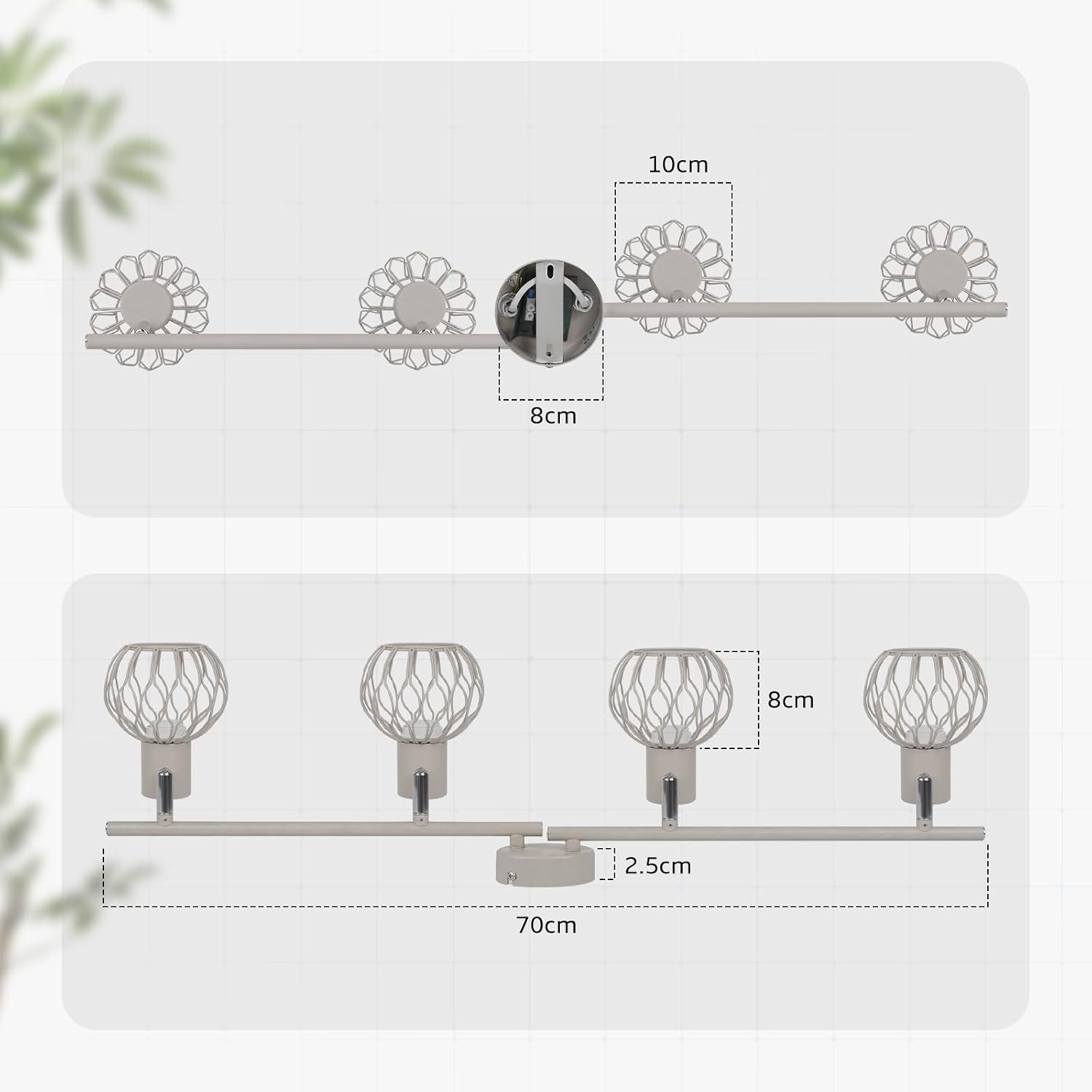 Diagramm einer vierflammigen Deckenleuchte mit Maßangaben.