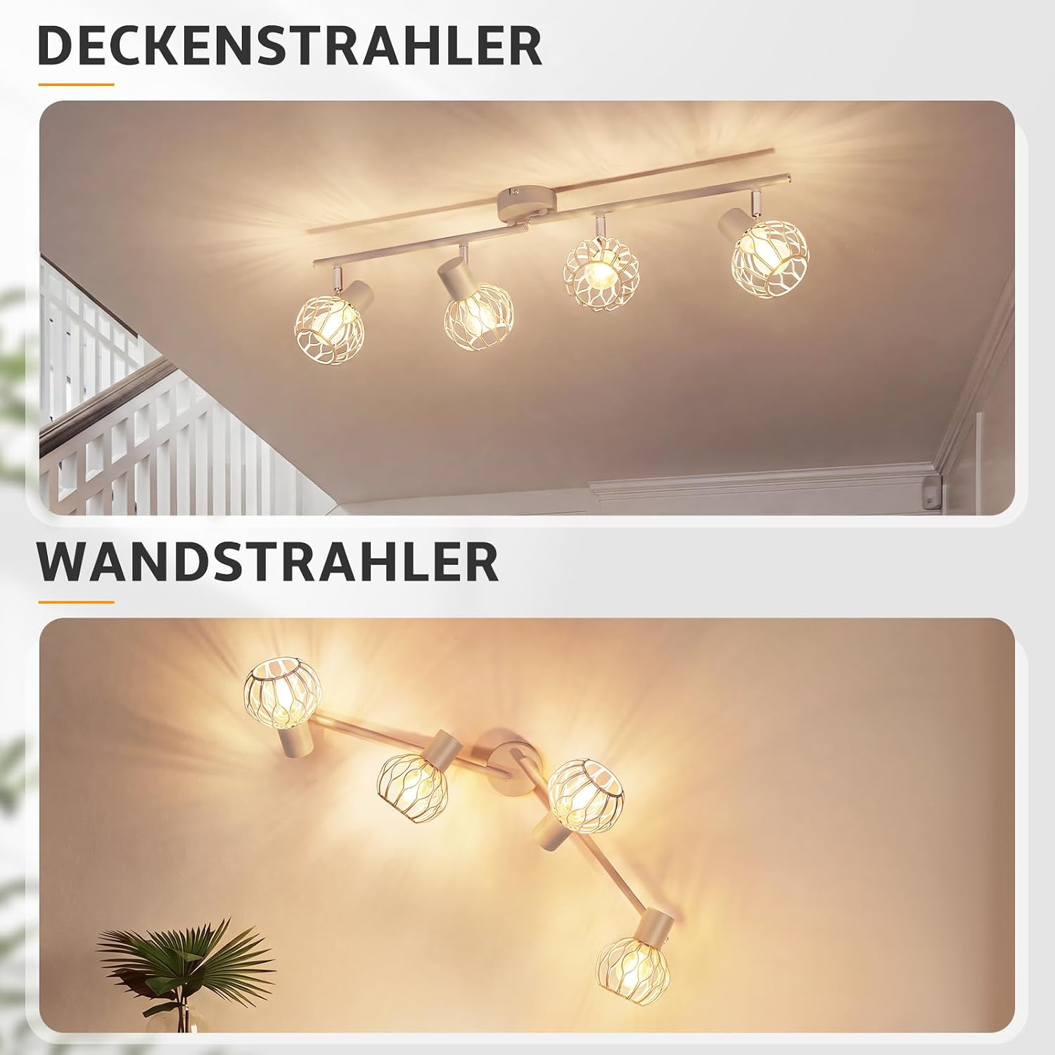 Zwei Leuchten mit vier runden, gitterartigen Lampenschirmen, oben als Deckenstrahler, unten als Wandstrahler.