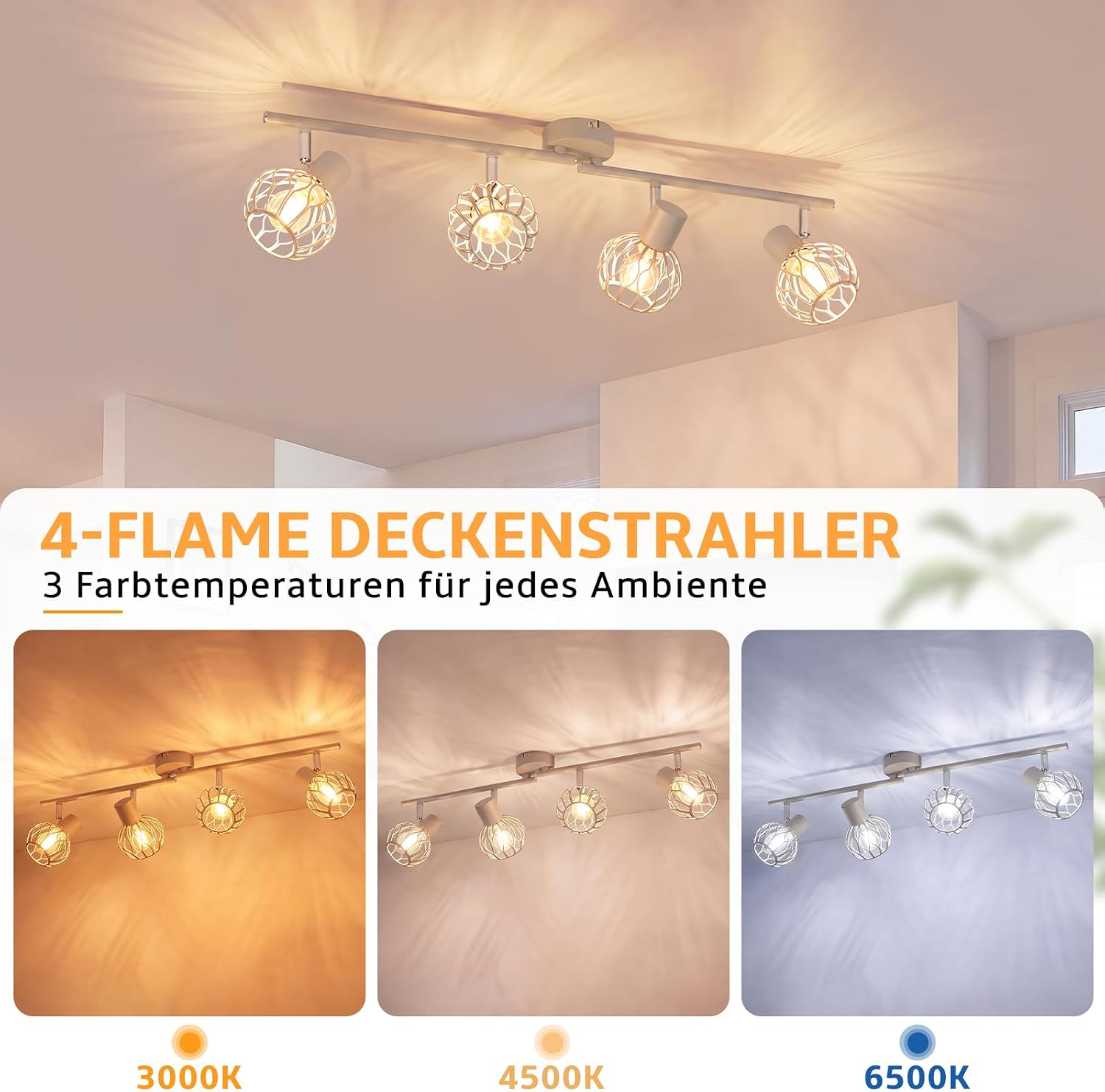 Ein 4-Flammen-Deckenstrahler in Weiß mit drei Farbtemperaturen von 3000K, 4500K und 6500K.