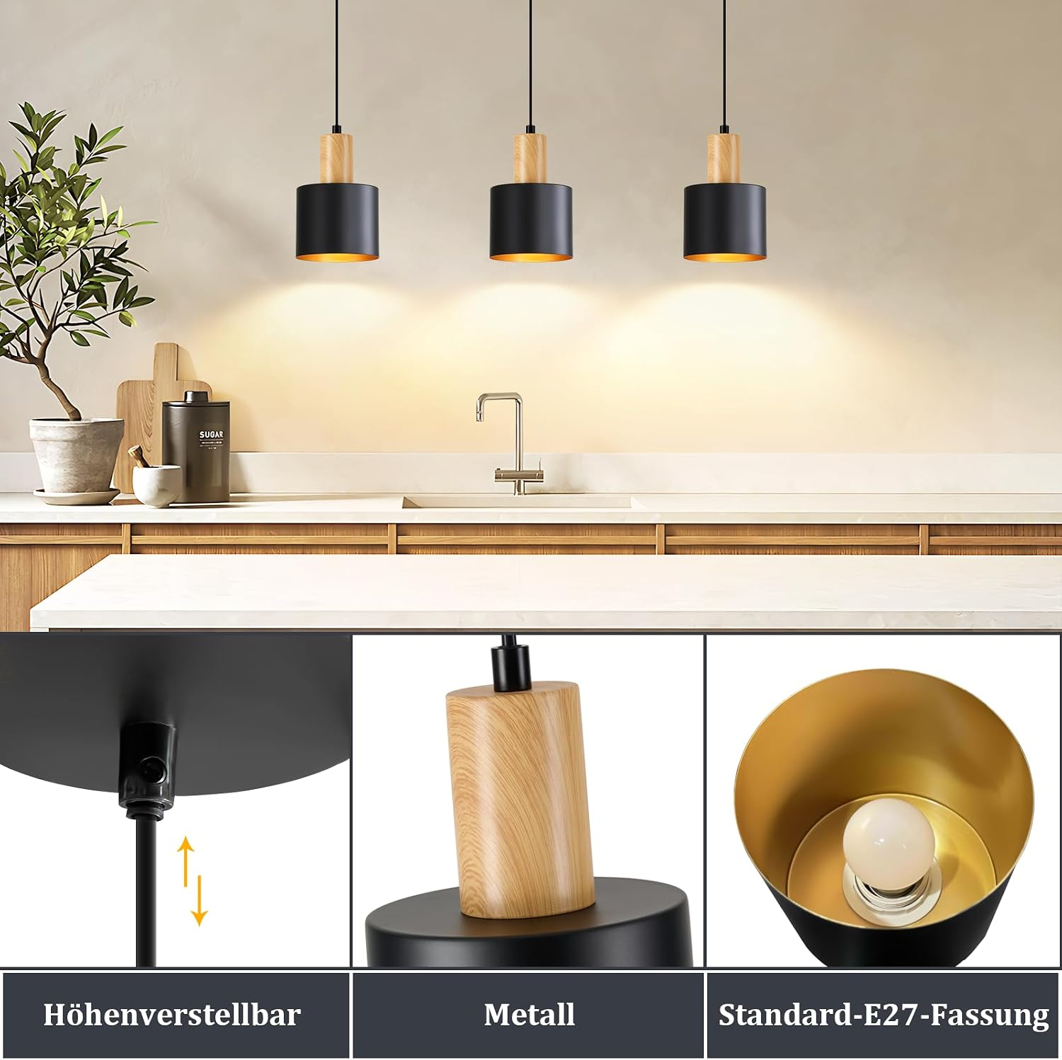 Drei schwarze Hängeleuchten mit Holzdetails beleuchtet über einer Küchentheke mit Details zu Höhe, Metall und E27-Fassung.
