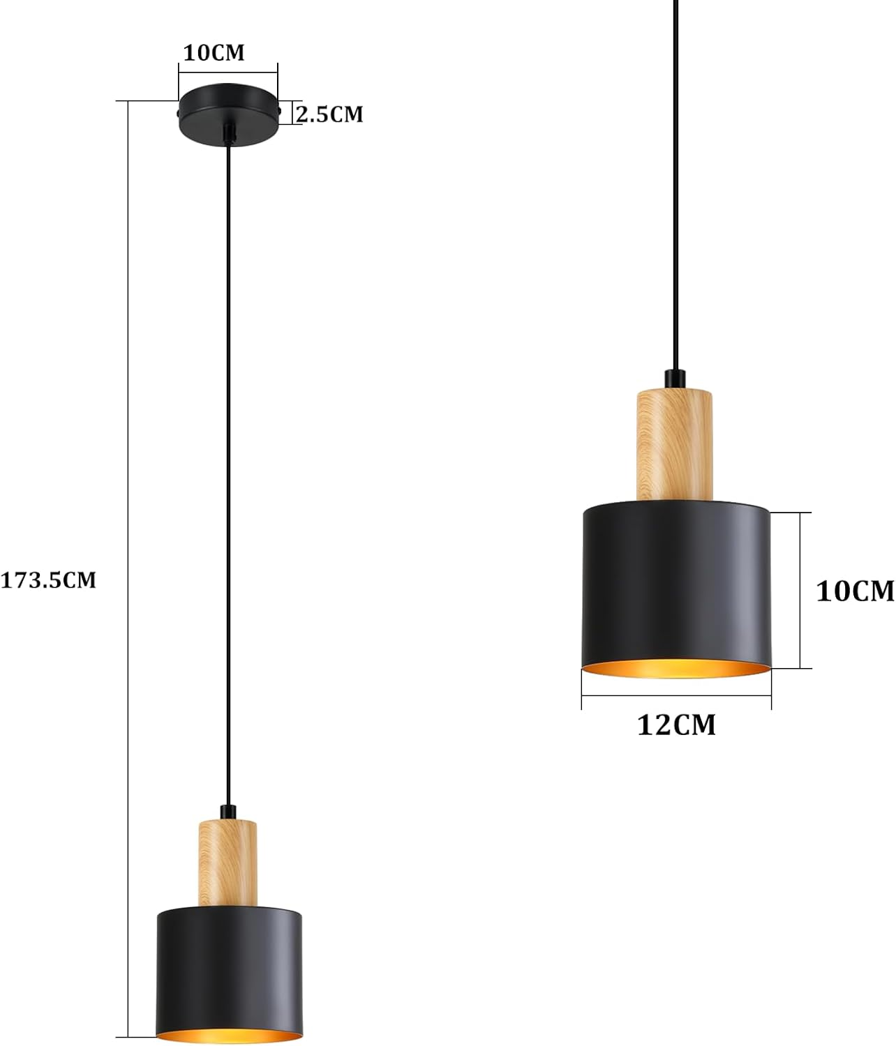 Diagramm einer schwarzen und holzfarbenen Hängeleuchte mit Maßangaben.