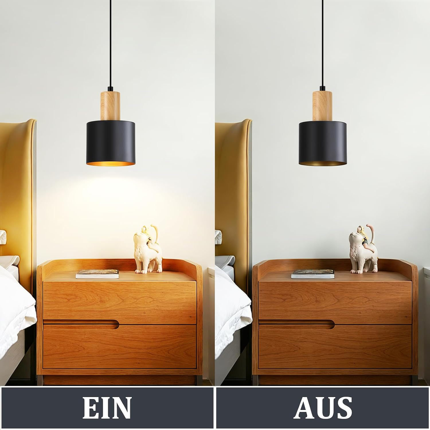 Ein Nachttisch aus Holz mit einer Hängelampe darüber, gezeigt in zwei Zuständen: an und aus.