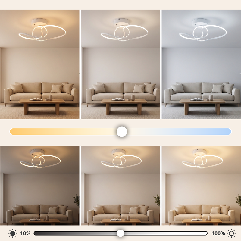 Sechs Bilder zeigen ein Wohnzimmer mit verschiedenen Lichtfarben und Helligkeitsstufen einer Deckenlampe.