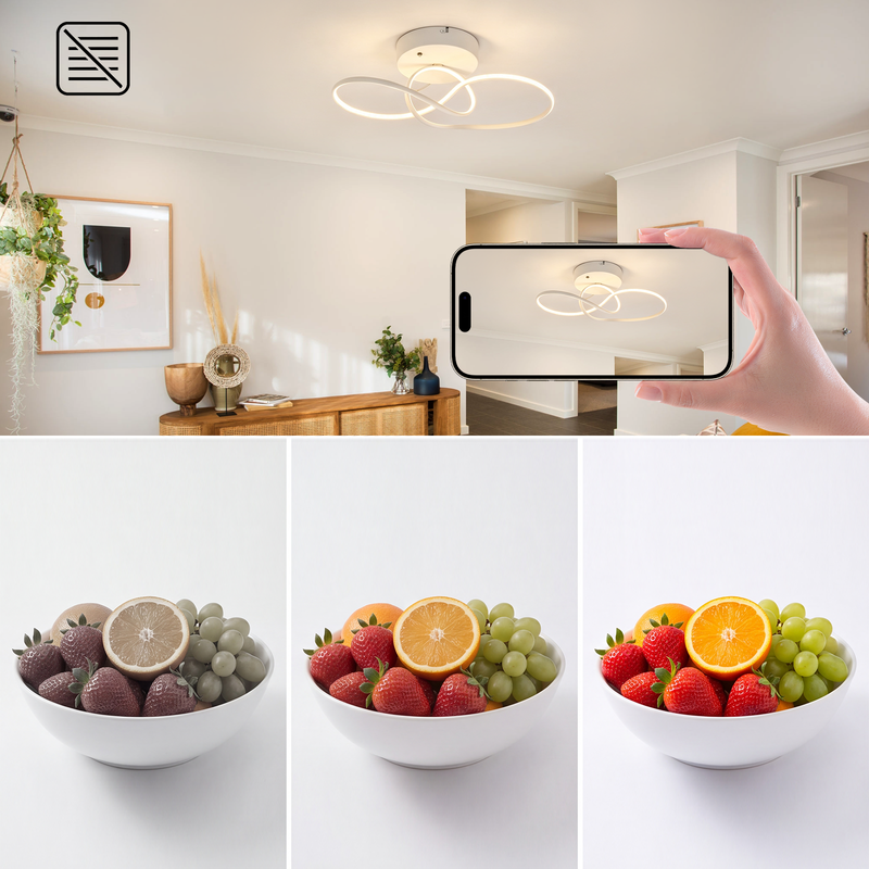 Ein Smartphone filmt eine Deckenleuchte, darunter Fruchtschalen mit verschiedenen Farbtemperaturen.