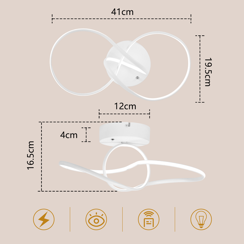 Diagramm einer modernen weißen Deckenleuchte mit Maßangaben und vier Icons unten auf beige Hintergrund.