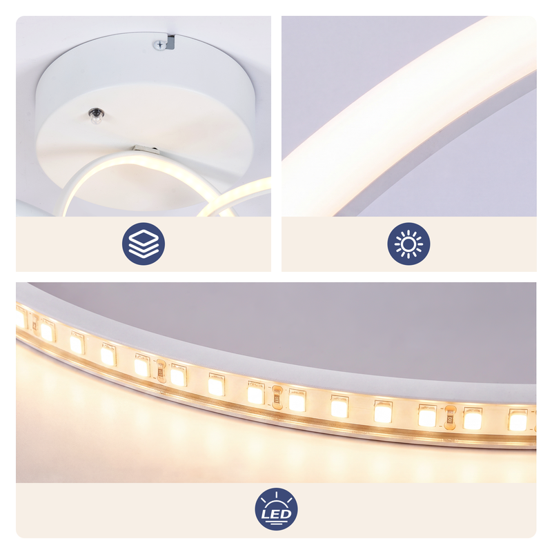 Nahaufnahme einer modernen LED-Deckenleuchte mit Details zu LEDs, Aufbau und hellem Licht.