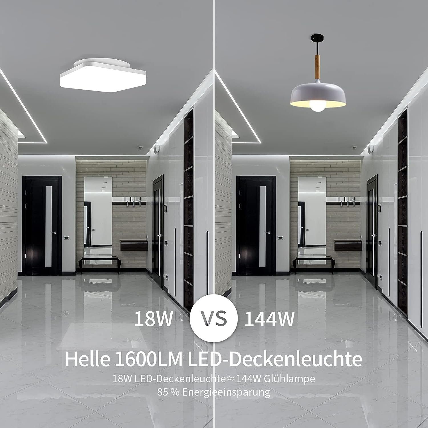 Flurvergleich: LED Deckenleuchte 18W gegen Hängeleuchte 144W.