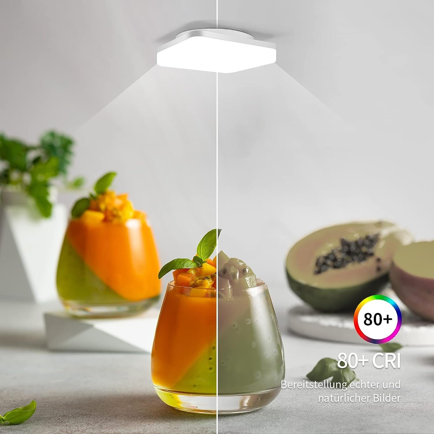 Vergleich zweier Gläser mit Schichten von Smoothie unter einer Deckenlampe mit 80+ CRI.