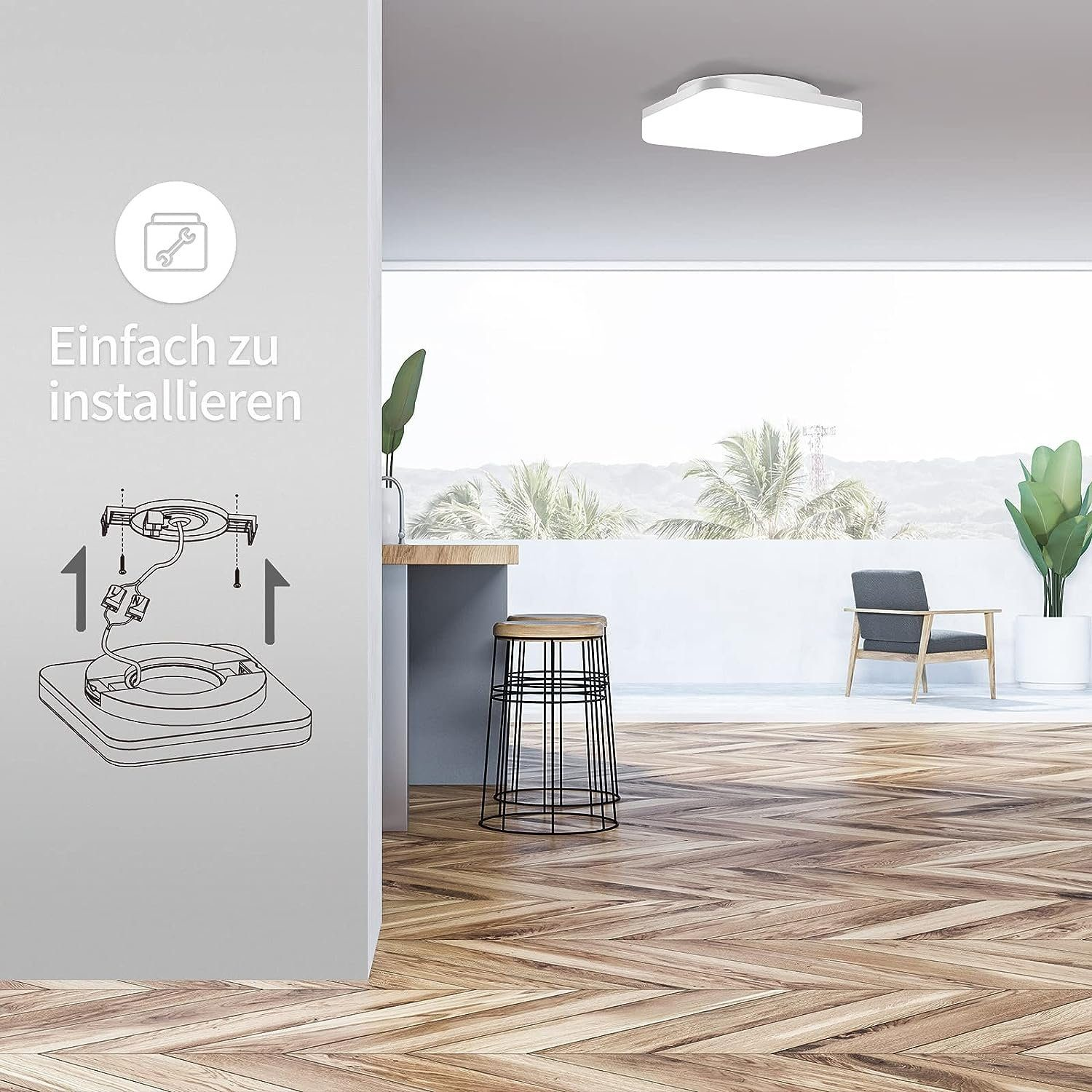 Diagramm zur einfachen Installation einer Deckenleuchte vor einer modernen Raumkulisse mit Parkettboden.