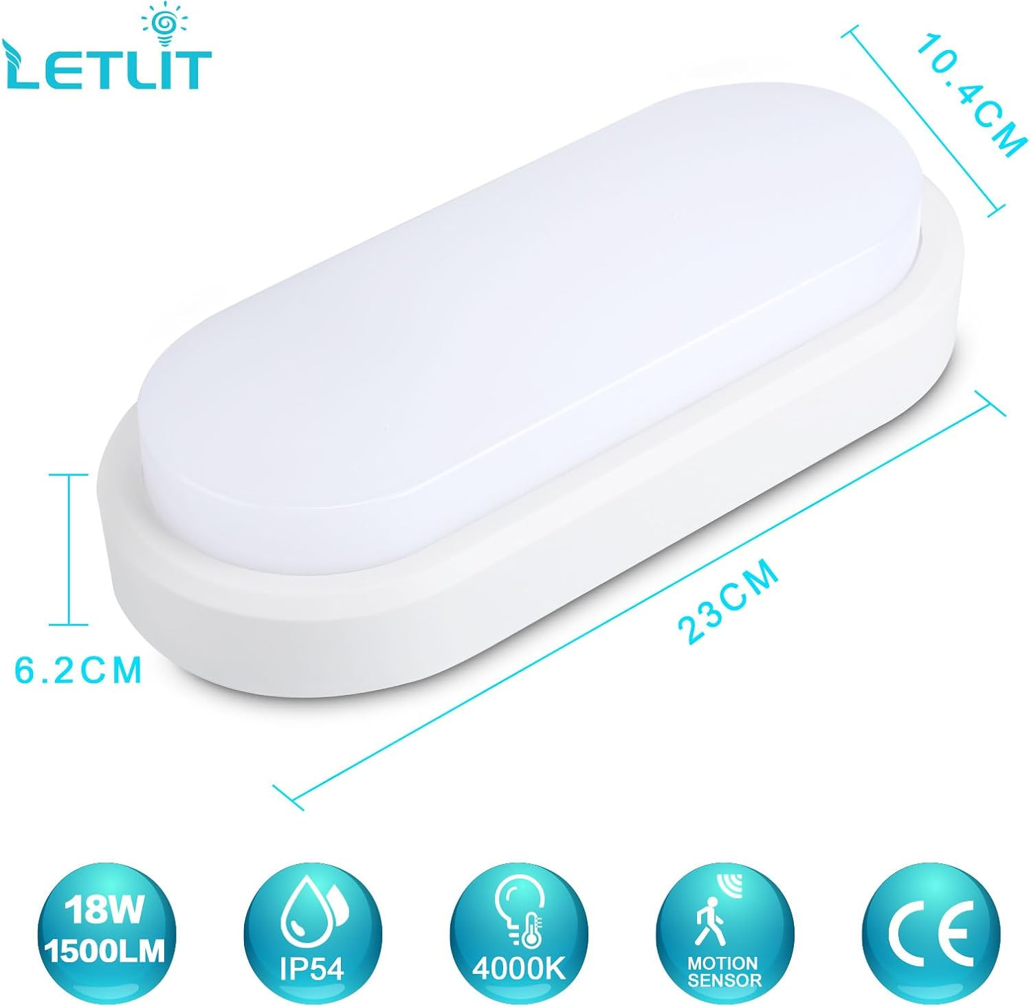 Weiße, ovale LED-Deckenleuchte mit Maßen und Icons für 18W, IP54, 4000K und Bewegungssensor.