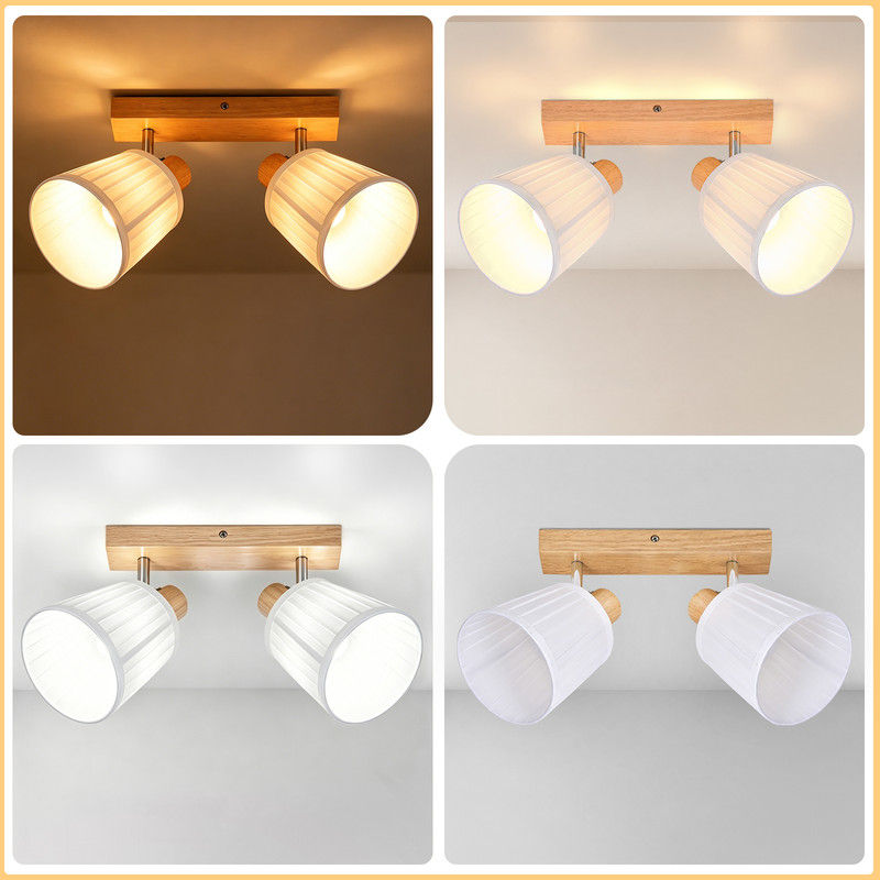 Eine zweiflammige Deckenlampe mit Holzsockel und weißen Schirmen in vier verschiedenen Lichtfarben.
