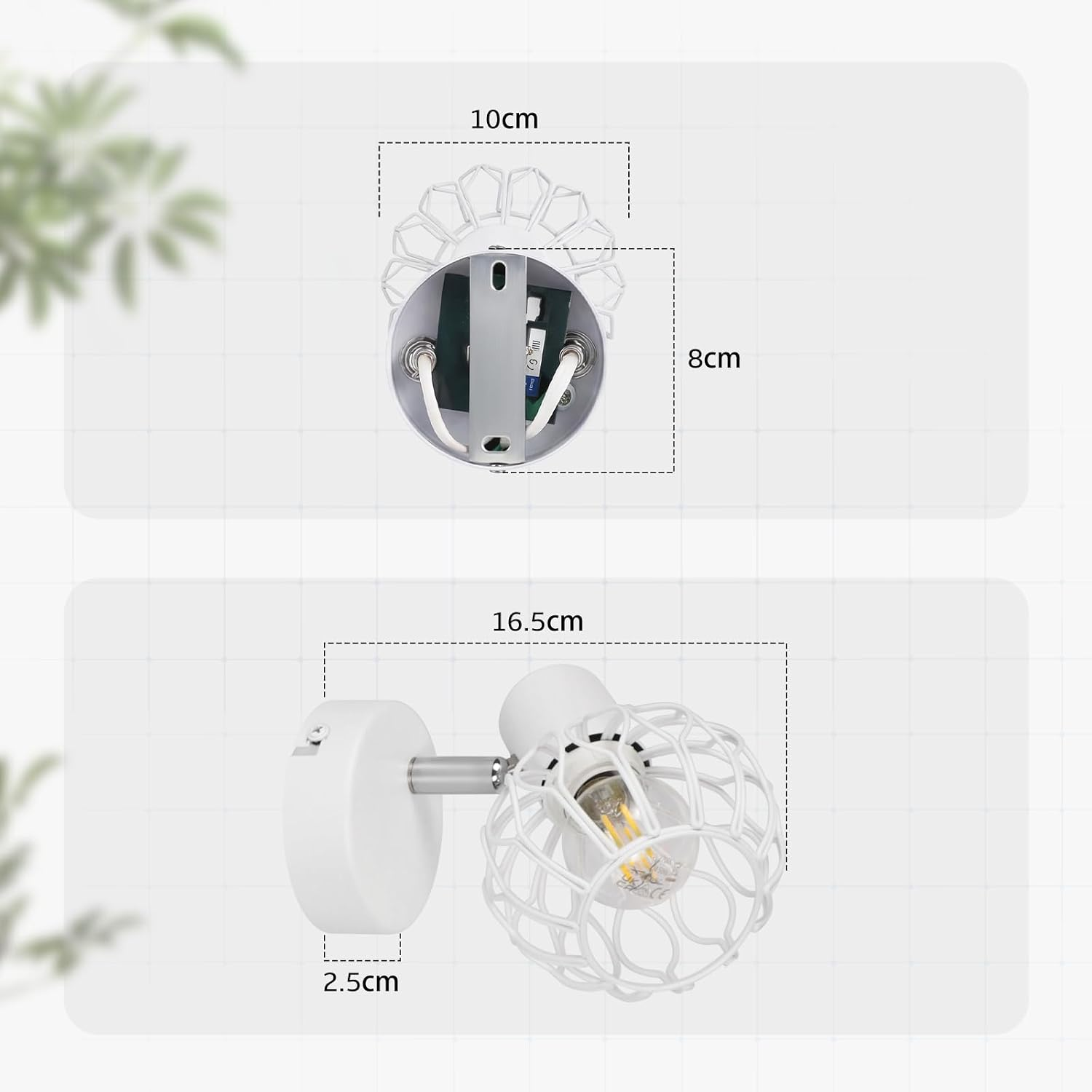 Diagramm zeigt die Maße einer weißen Wandlampe mit Drahtgitter-Schirm.