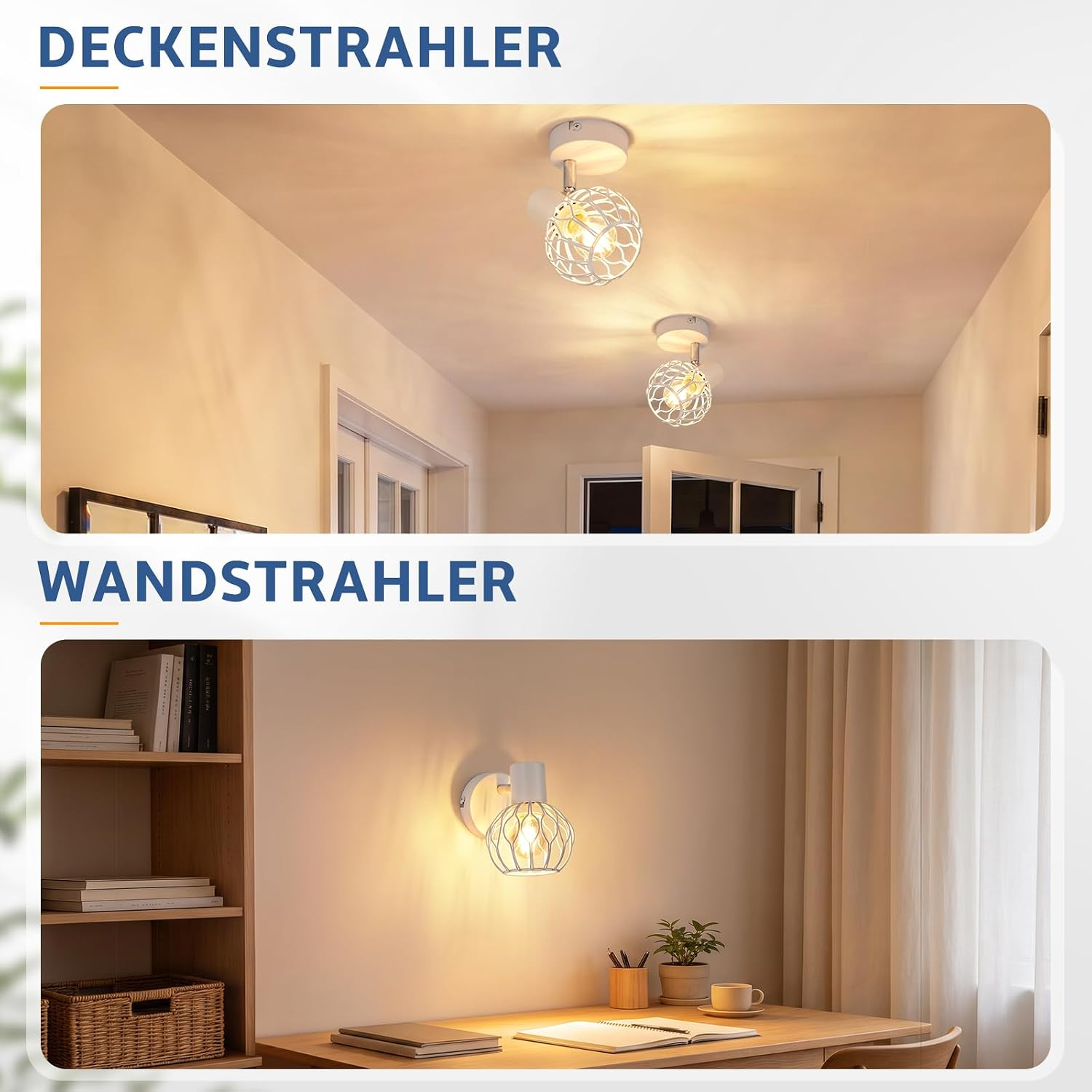 Zwei Bilder zeigen weiße Gitter-Strahler an Decke und Wand in modernen, hellen Innenräumen mit warmem Licht.