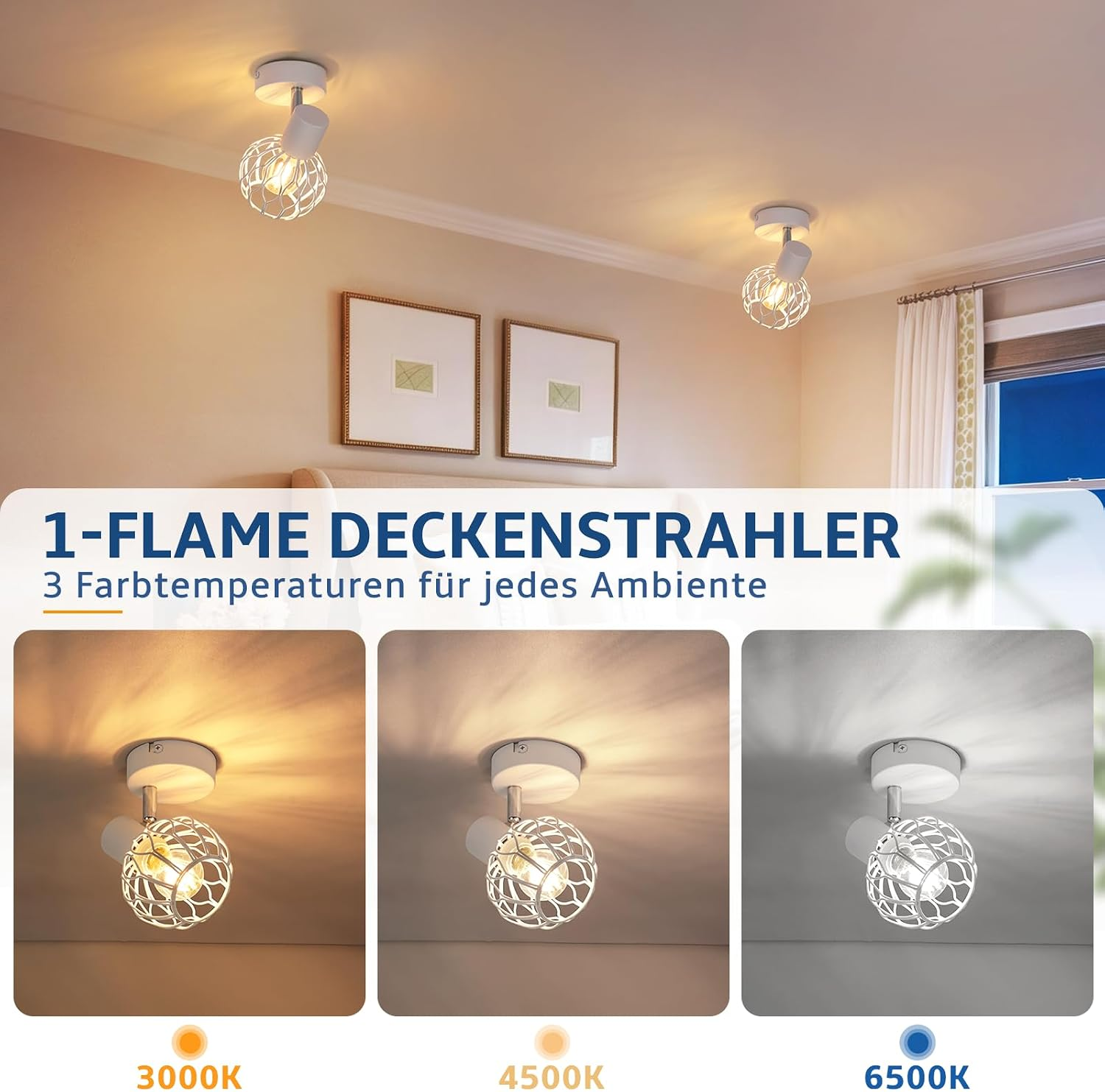Deckenstrahler mit Drahtgeflecht-Schirm und drei wählbaren Farbtemperaturen von warm bis kalt.