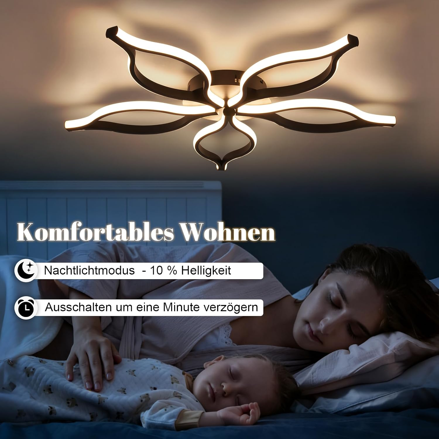 Moderne LED-Deckenleuchte im Blumen-Design über schlafender Frau und Kind im abgedunkelten Schlafzimmer.
