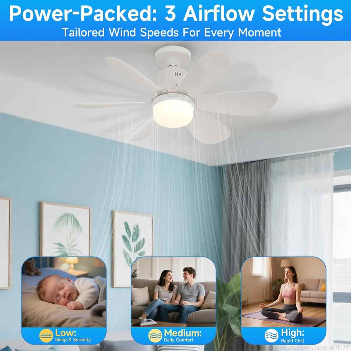 Weißer Deckenventilator mit Licht und drei Luftstromstufen für verschiedene Wohnbereiche.