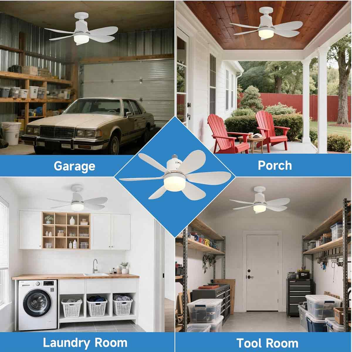 Ein weißer Deckenventilator mit Leuchte, gezeigt in Garage, Veranda, Waschküche und Werkzeugraum.