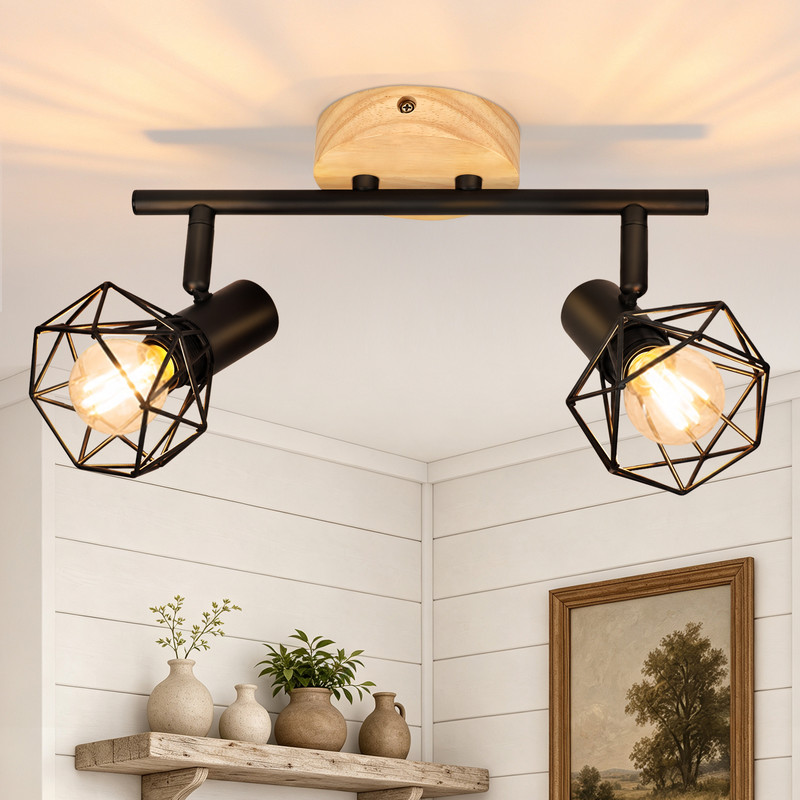 Deckenlampe mit zwei schwarzen Metall-Gitterkugel-Spots auf Holzhalterung vor weißer Wand mit Regal und Bild.