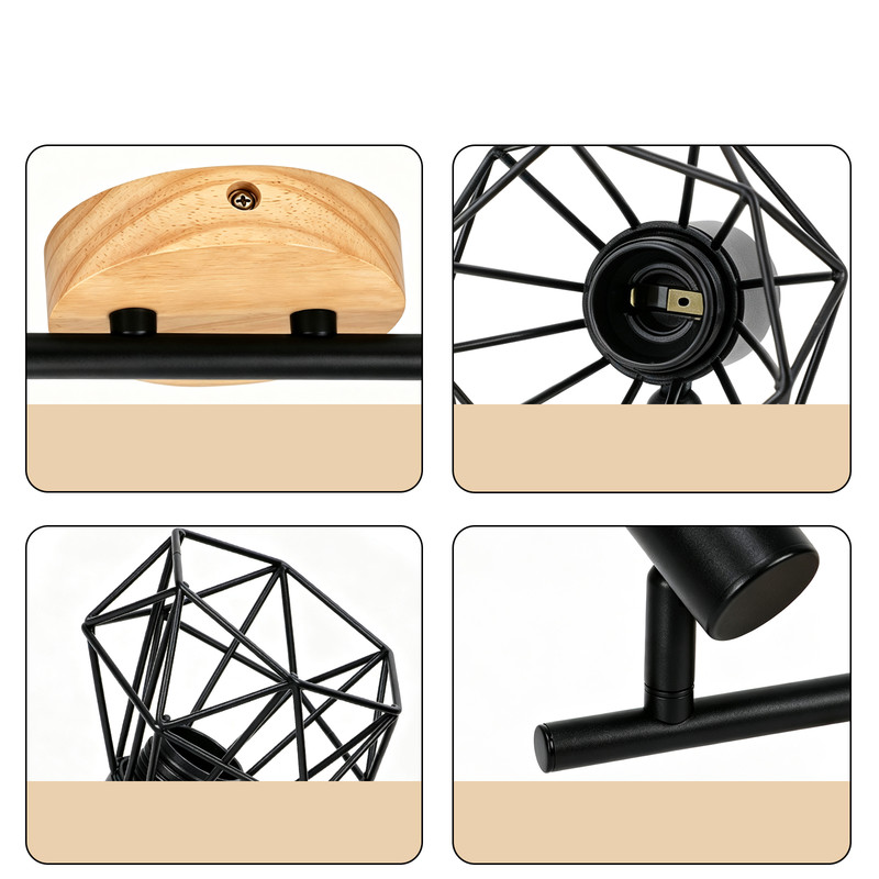 Vier Detailaufnahmen einer schwarzen Deckenleuchte mit Holzelementen und geometrischen Metallschirmen auf weißem Hintergrund.