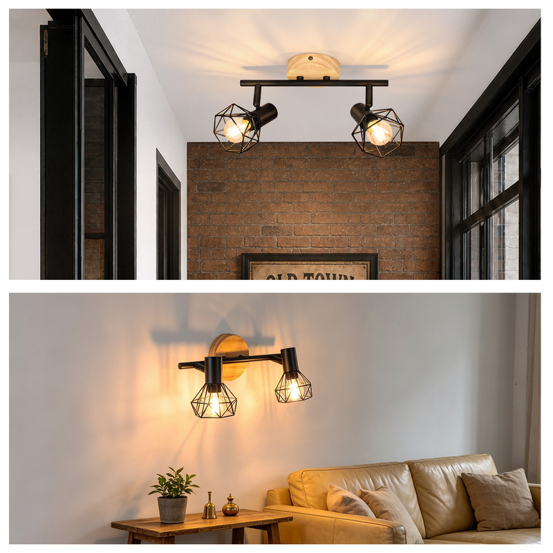 Moderne schwarze Leuchten mit Holz und Gitterdesign im Flur und Wohnzimmer.