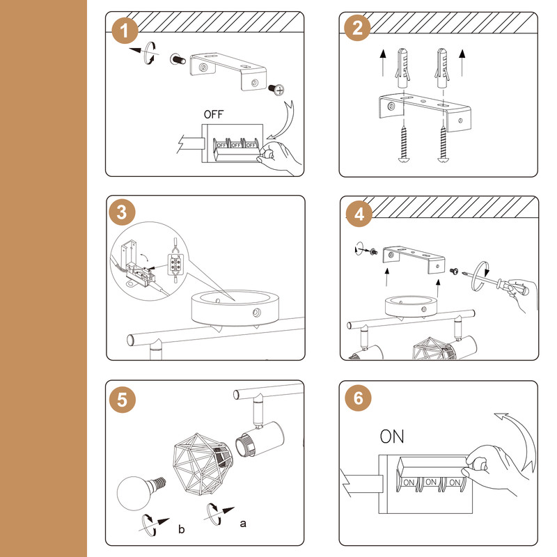 Sechs Schritt für Schritt Diagramme zeigen die Montage und Installation einer Deckenleuchte.