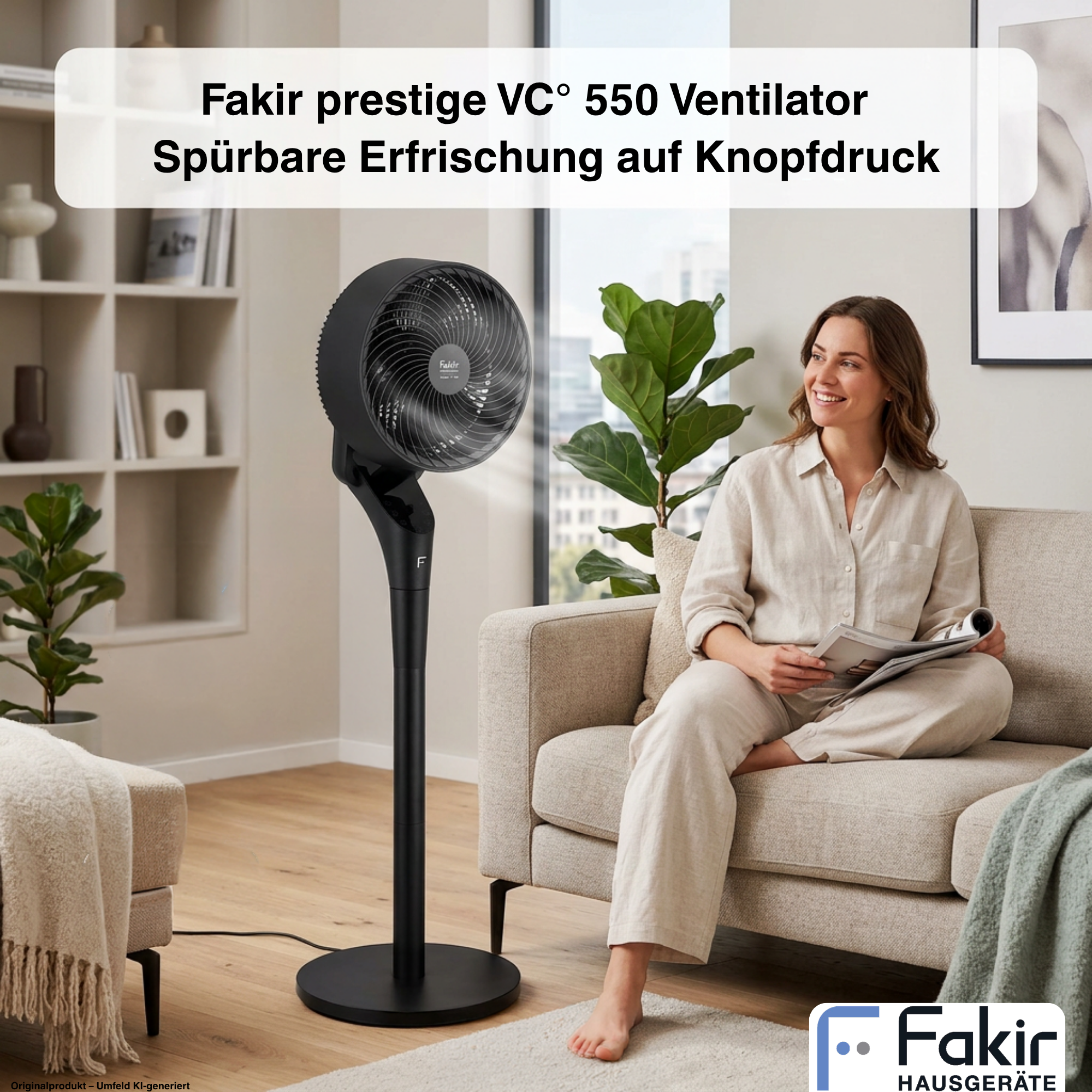 Eine Frau sitzt auf einem Sofa und liest, daneben steht ein schwarzer Standventilator in einem hellen Wohnzimmer.