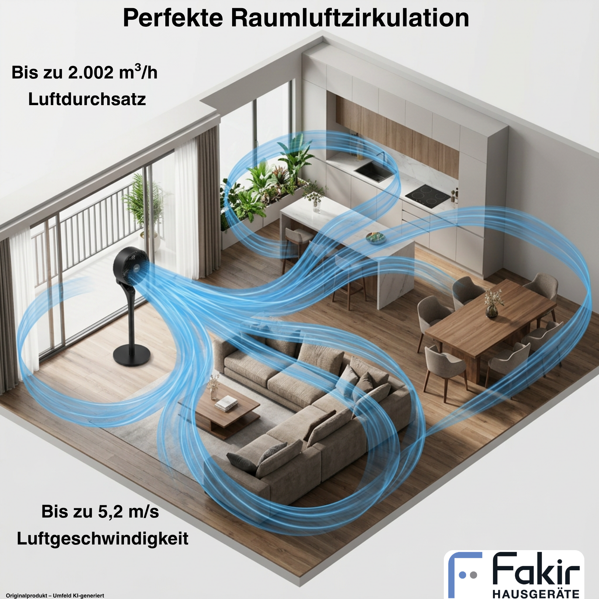 Ein schwarzer Standventilator zirkuliert blaue Luftströme durch ein modernes, offenes Wohnzimmer.