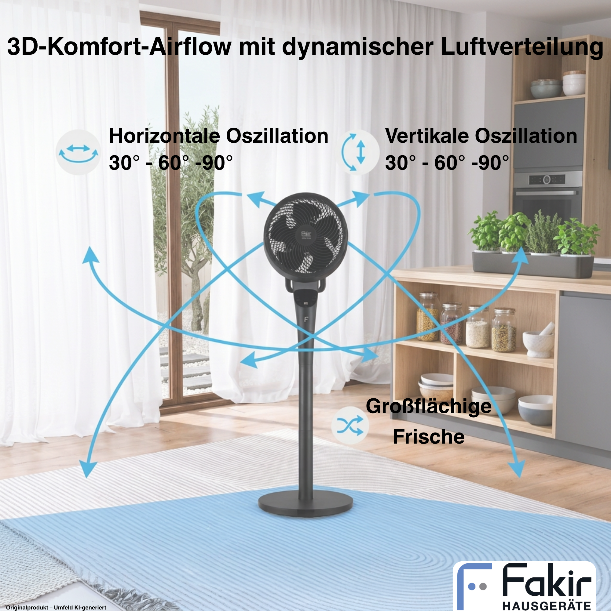 Ein schwarzer Standventilator in einem Raum zeigt blaue Pfeile für 3D-Luftverteilung, Oszillation und Frische.