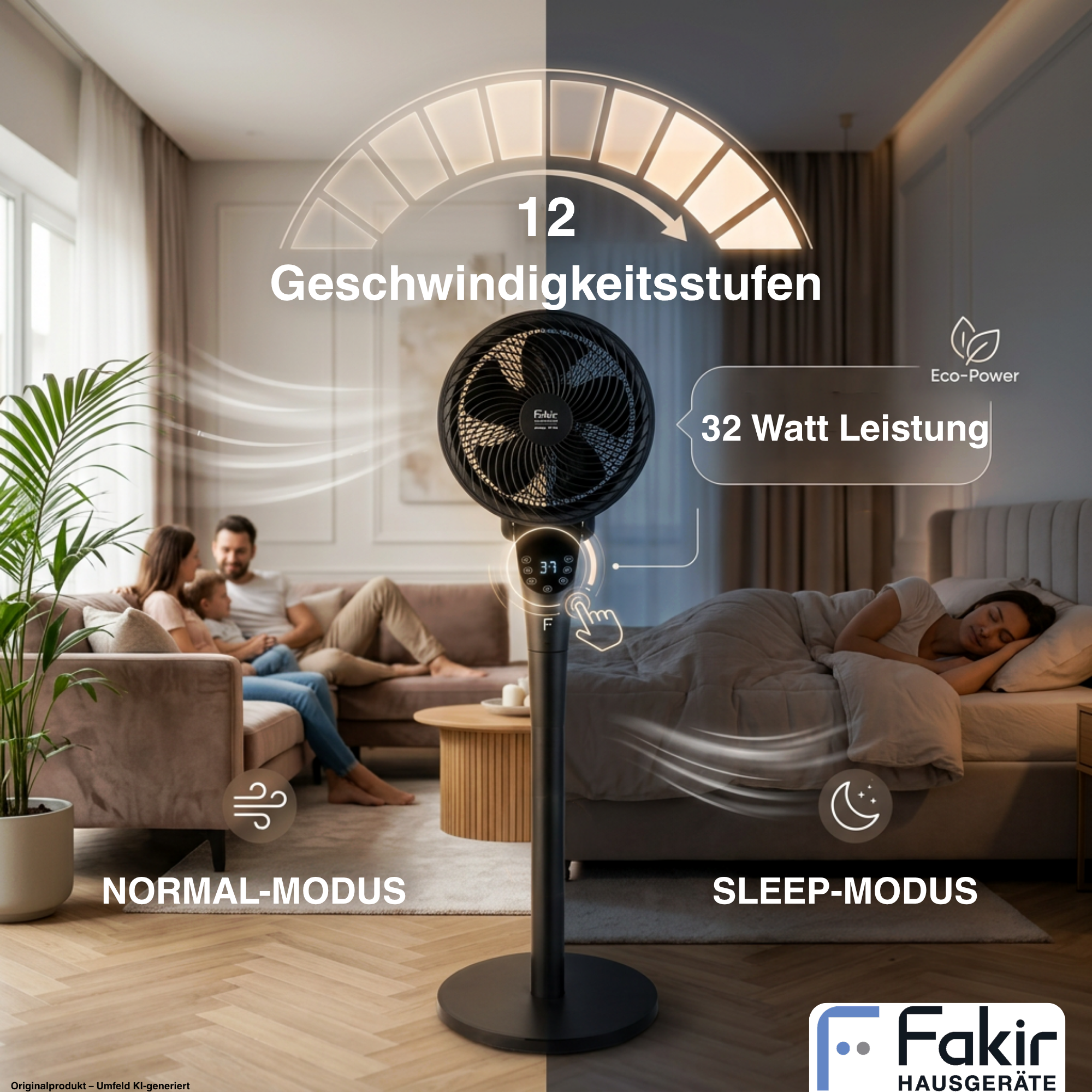 Schwarzer Standventilator mit 12 Geschwindigkeitsstufen und 32 Watt im Wohn- und Schlafbereich.