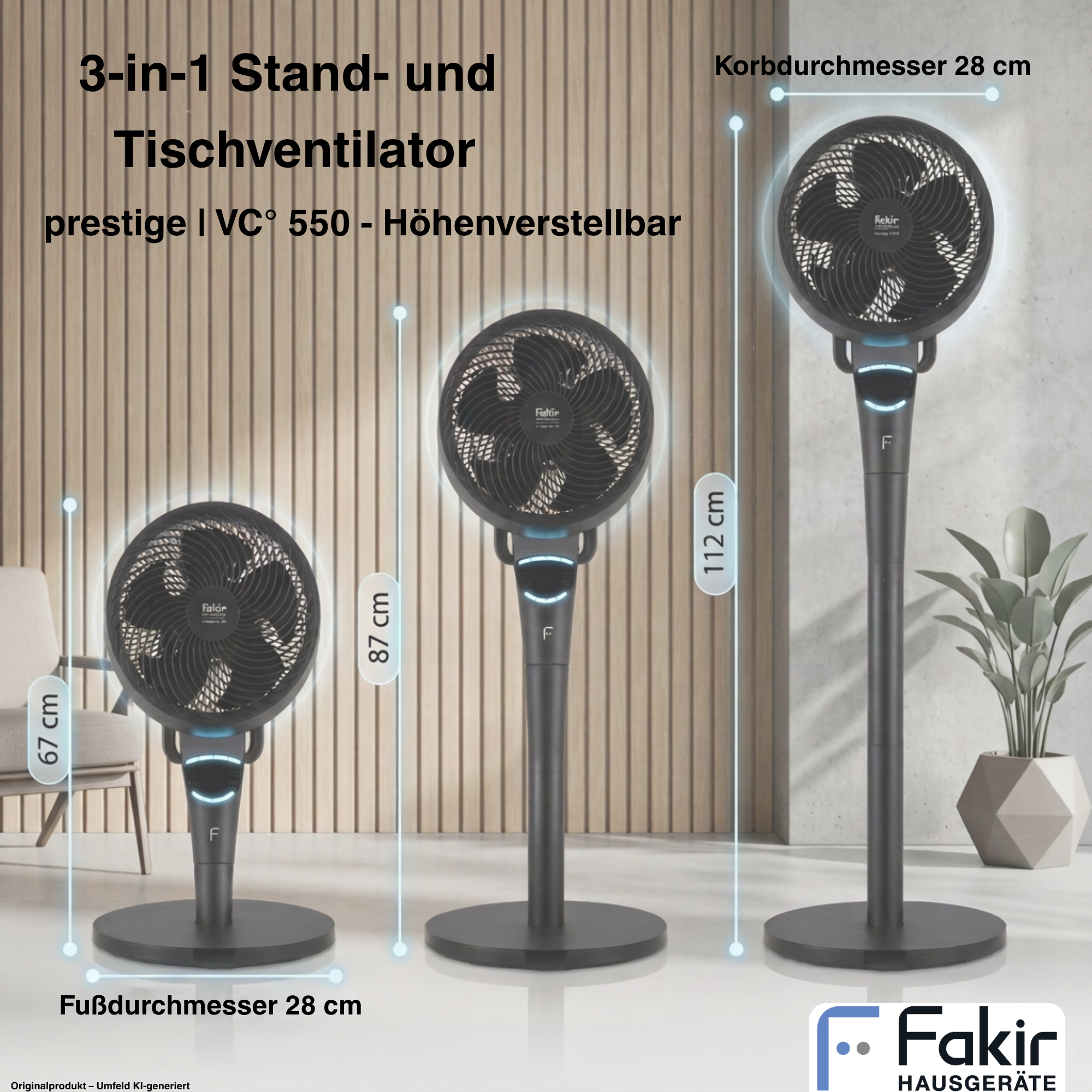 Schwarzer 3-in-1-Standventilator in drei Höhen (67, 87, 112 cm) vor Holzlattenwand mit Maßen.