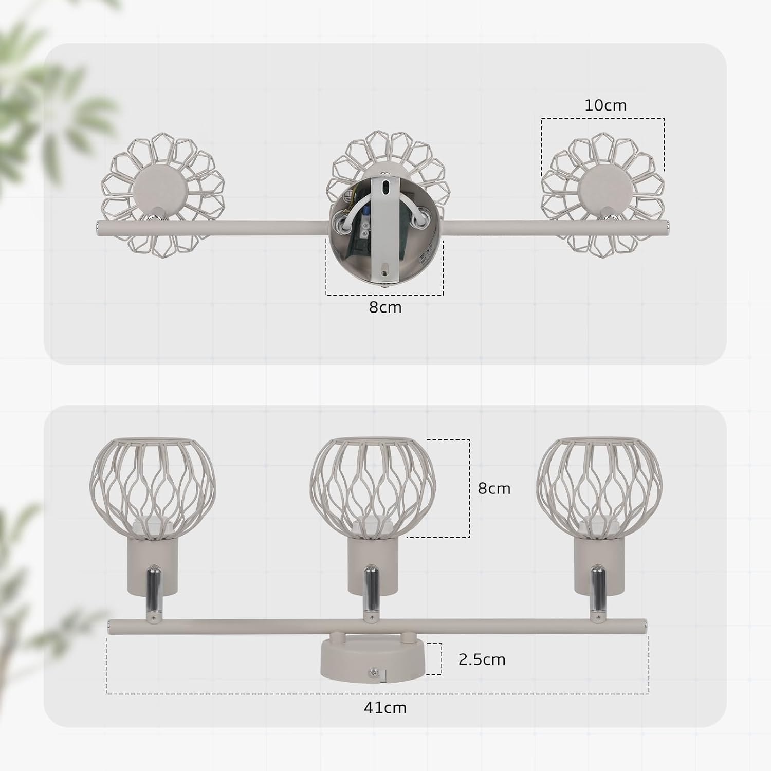 Diagramm einer dreiflammigen Wandleuchte mit Bemaßungen in cm.