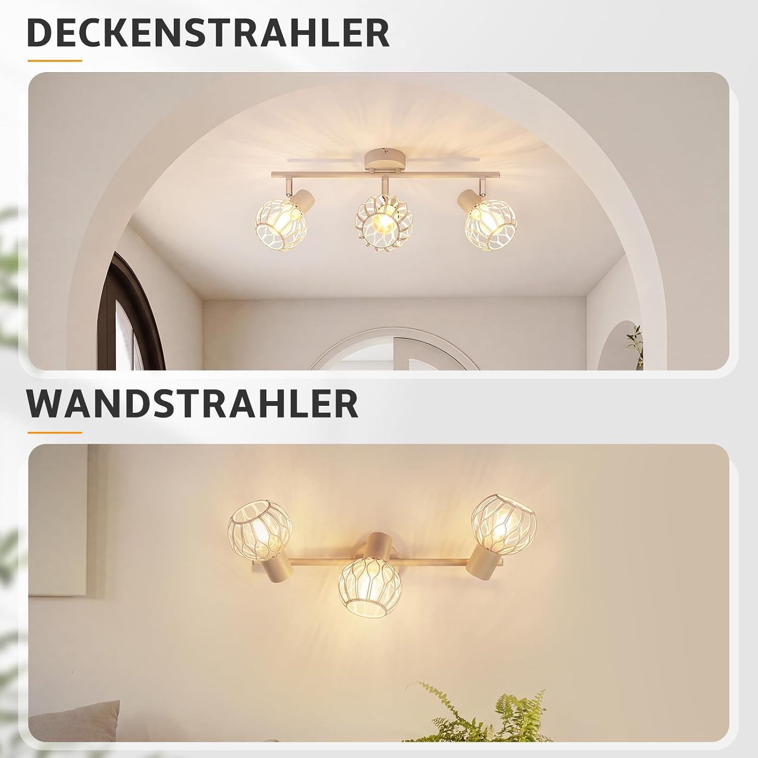 Zwei Leuchten mit je drei runden, gitterartigen Schirmen; oben als Deckenstrahler, unten als Wandstrahler.