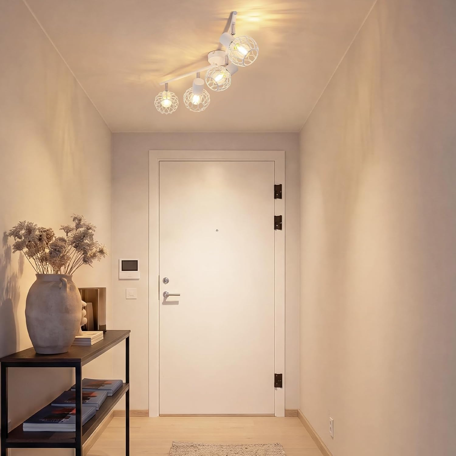 Ein heller Flur mit weißer Tür, Beistelltisch mit Trockenblumen und moderner Deckenlampe.